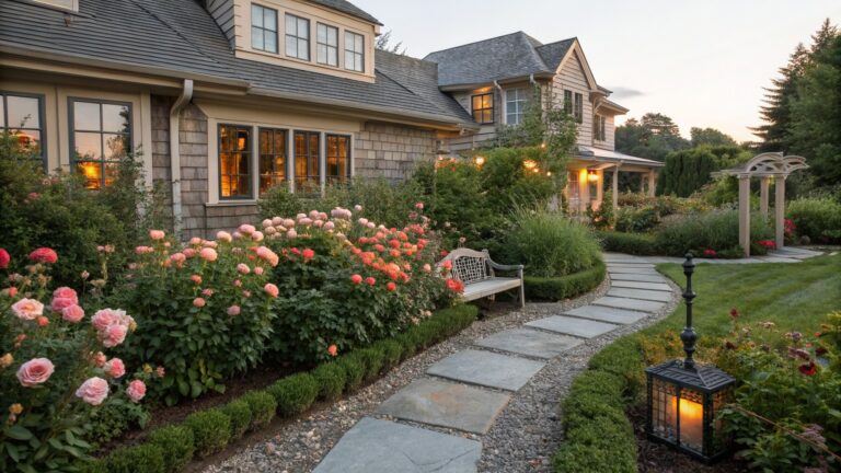 Curved flagstone path winding through dense beds of pink and orange dahlias beside a wooden house exterior, with boxwood hedges, a lantern, and trees in the background at dusk.