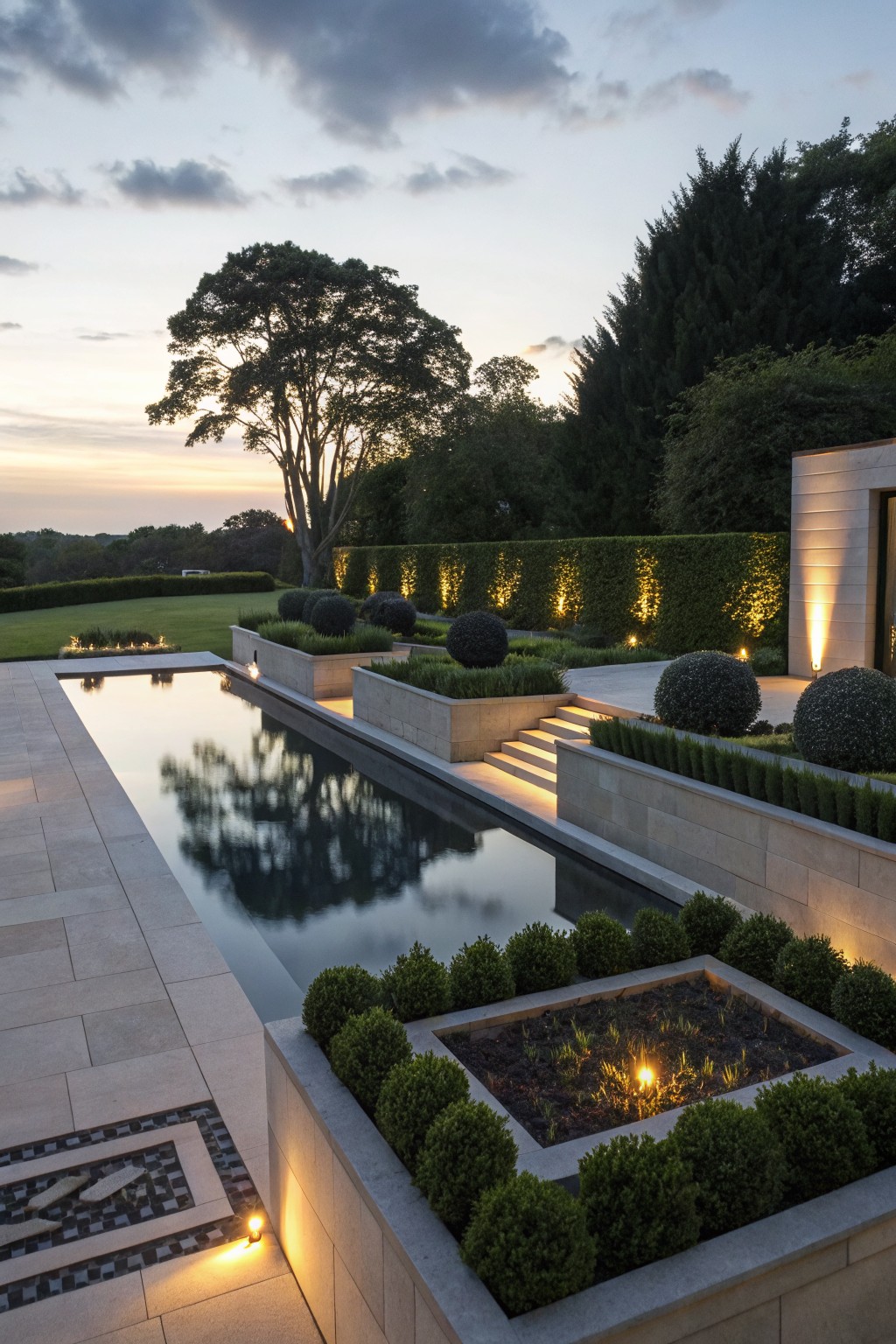 Long narrow pool with light stone paving, flanked by raised rectangular stone planters containing spherical boxwood shrubs and grasses, steps rising to a lawn with hedges, modern stone house wall nearby, and evening uplighting.