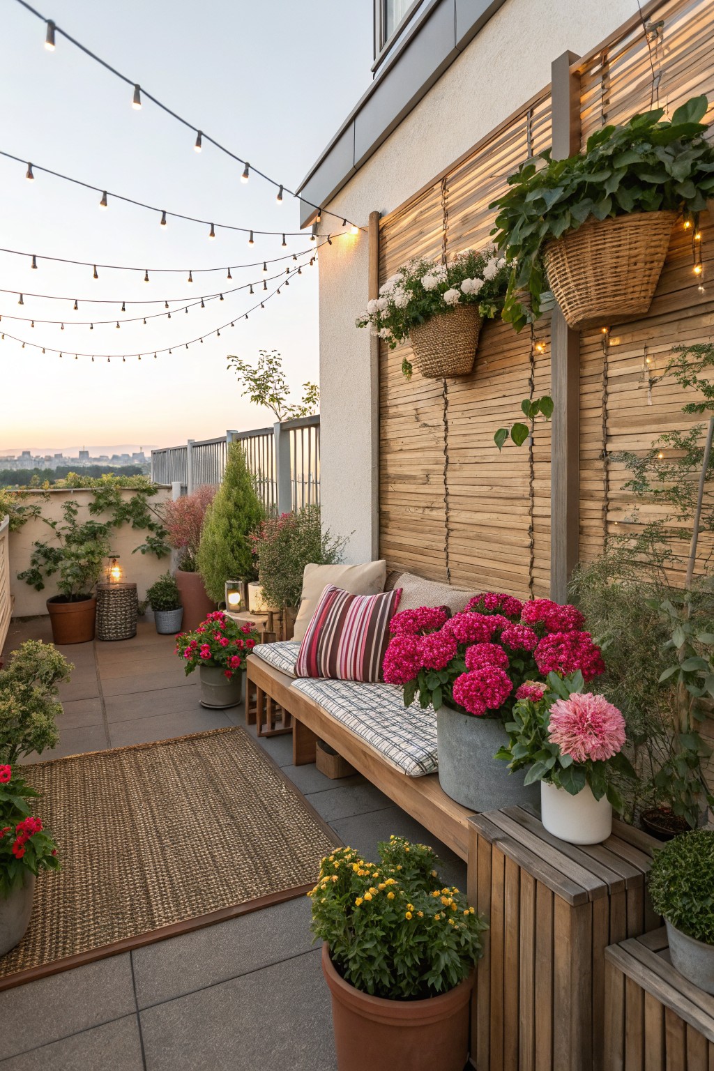 Balcony with wooden bench and cushions, surrounded by large pink and red dahlia pots, other potted plants, hanging baskets, string lights, wooden slat screens, and city view at dusk.