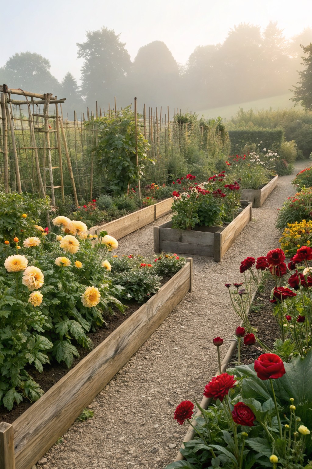 Gravel path flanked by wooden raised beds filled with colorful dahlias in yellow, orange, red, and pink, with trellises and trees in a misty morning garden.