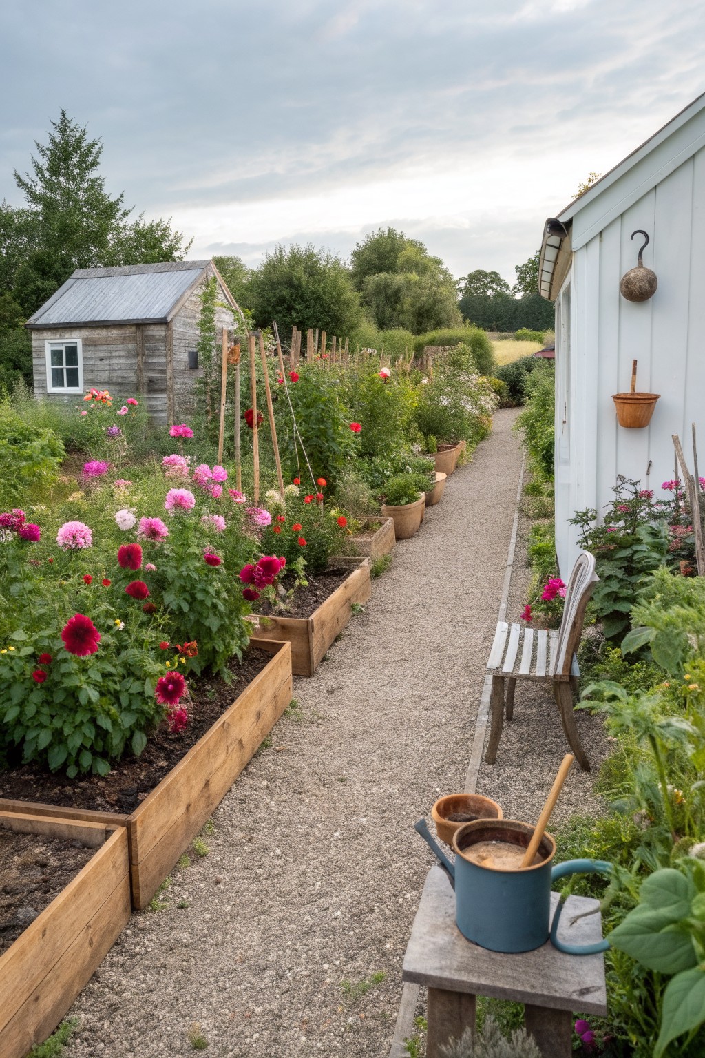 Gravel garden path flanked by wooden raised beds planted with pink, red, and multicolored dahlias, a wooden bench beside the path, a blue watering can and wooden stool nearby, white shed wall on one side, and garden shed in the background.