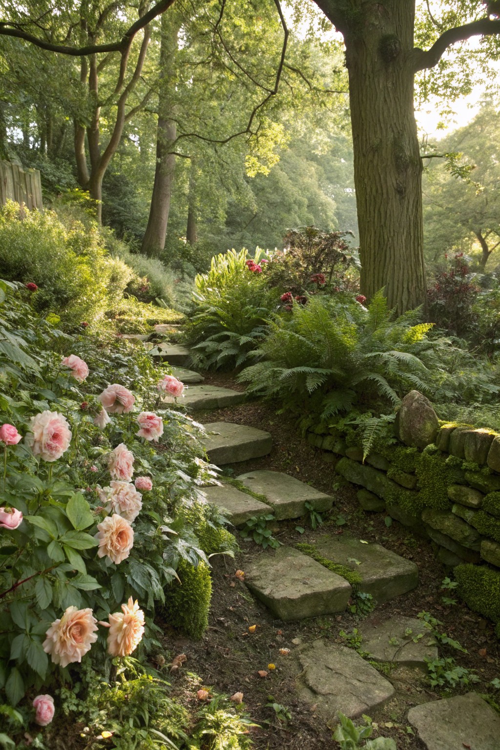 Winding irregular stone steps descending through a lush green garden with ferns, pink roses, mossy stone wall, and surrounding trees in dappled sunlight.