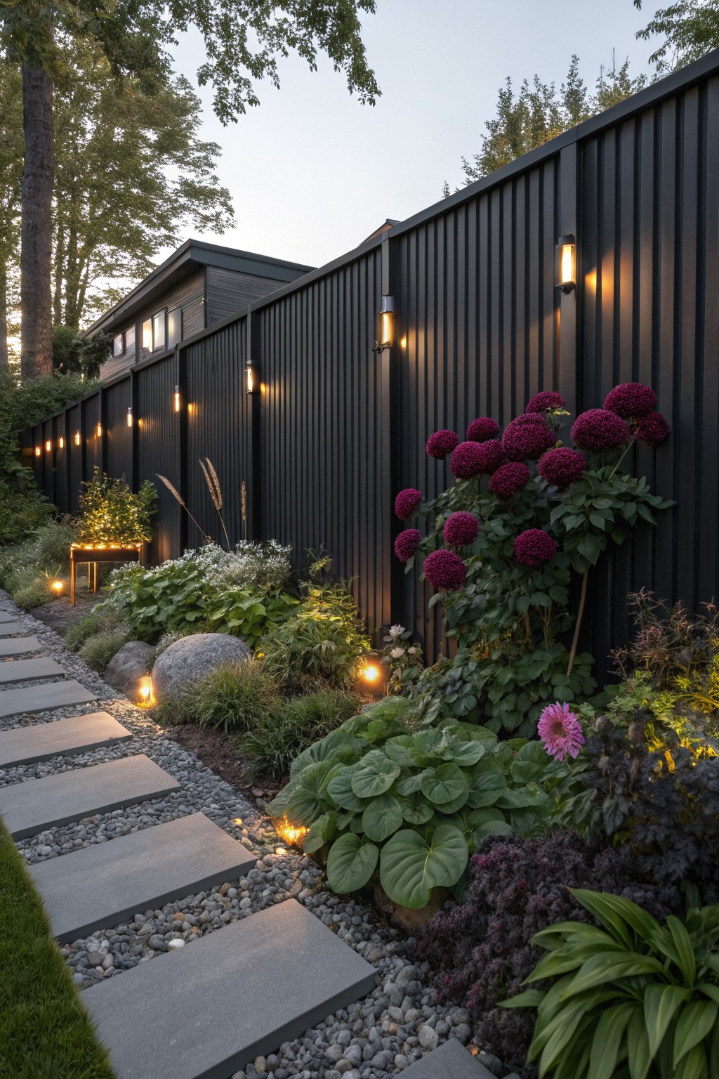 Garden path of large gray stone slabs through gravel and plants beside a tall black vertical board fence with clusters of large purple dahlia flowers and wall-mounted lights at dusk.