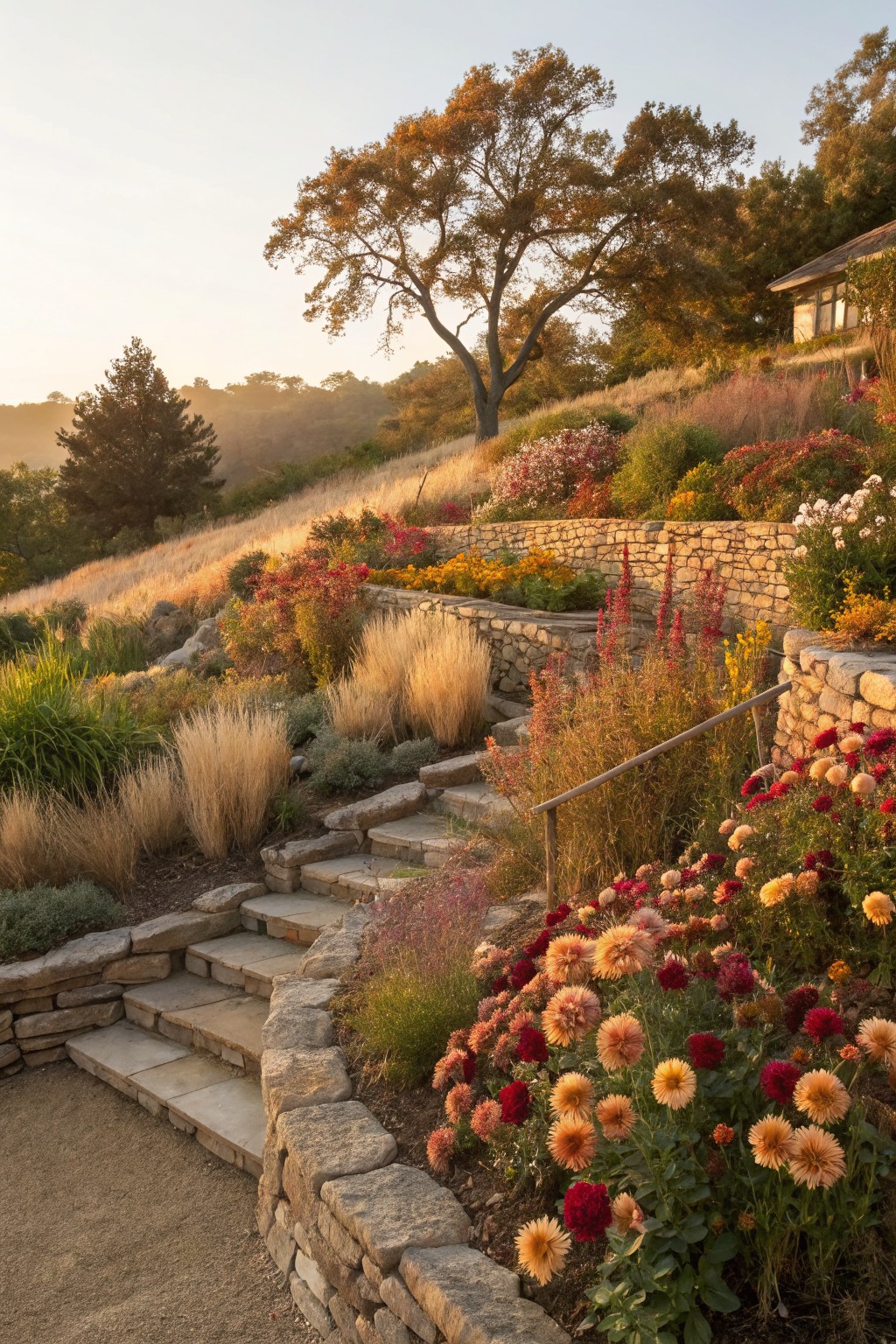 Terraced Stone Steps with Dahlia Beds