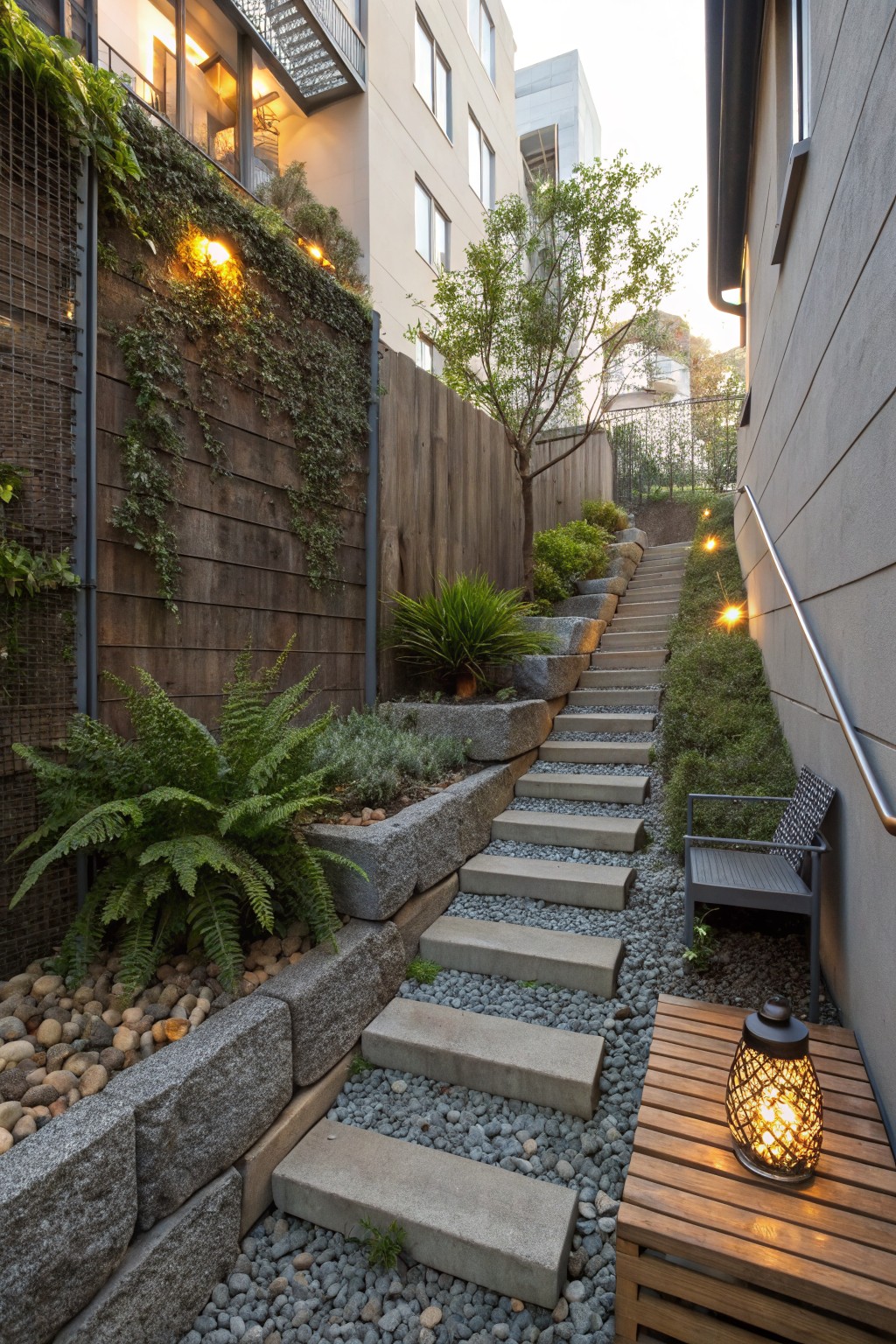 Narrow outdoor pathway ascending a slope with concrete steps flanked by large stacked granite boulder retaining walls planted with ferns, shrubs, and groundcover, including a metal bench, wooden side table with lantern, string lights, and adjacent modern walls and fences.