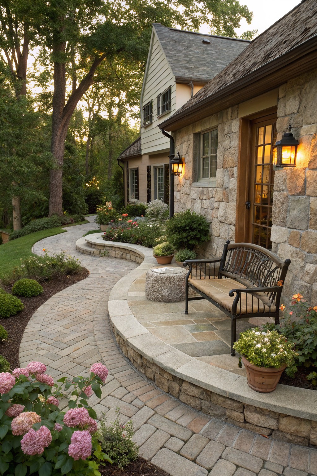 Curved natural stone retaining wall with winding brick paver pathway, potted plants, bench, lanterns, and house exterior on a sloped garden area.