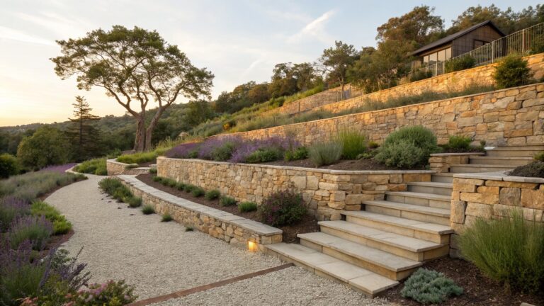 Dry-stacked stone retaining walls with integrated wide stone steps on a terraced hillside, planted with lavender, grasses, and shrubs, alongside a gravel path and a large oak tree under a sunset sky.