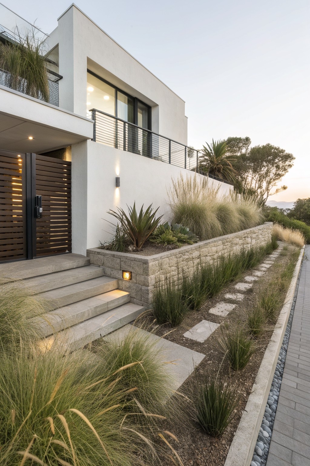 Modern white stucco house exterior featuring a brown slatted wood entry gate, concrete steps, low beige stone retaining wall with ornamental grasses along a paved driveway at dusk.