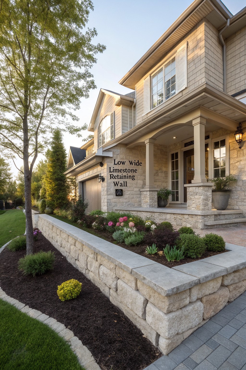 Beige clapboard house with covered front porch and stone pillars, beside a low wide limestone retaining wall holding back a planted garden bed with flowers, shrubs, and mulch along a paved driveway.