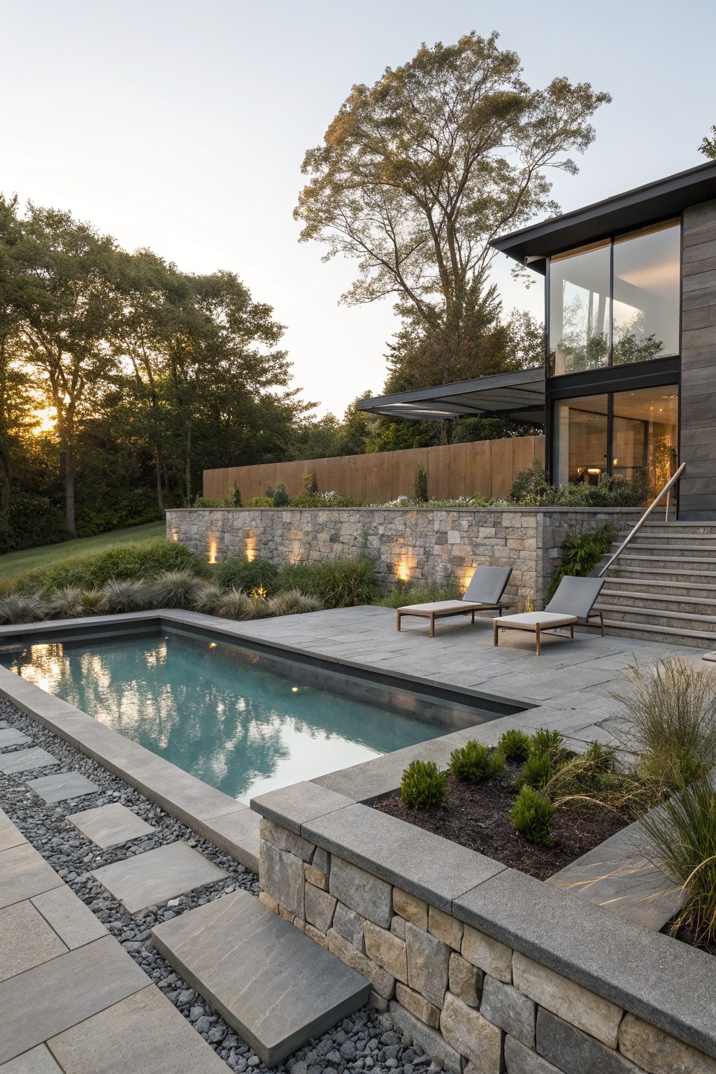 Modern black-clad house with large glass windows above a rectangular turquoise pool on a terraced slope, featuring dry-stacked stone retaining walls, slate paver decking, lounge chairs, and ornamental grasses.