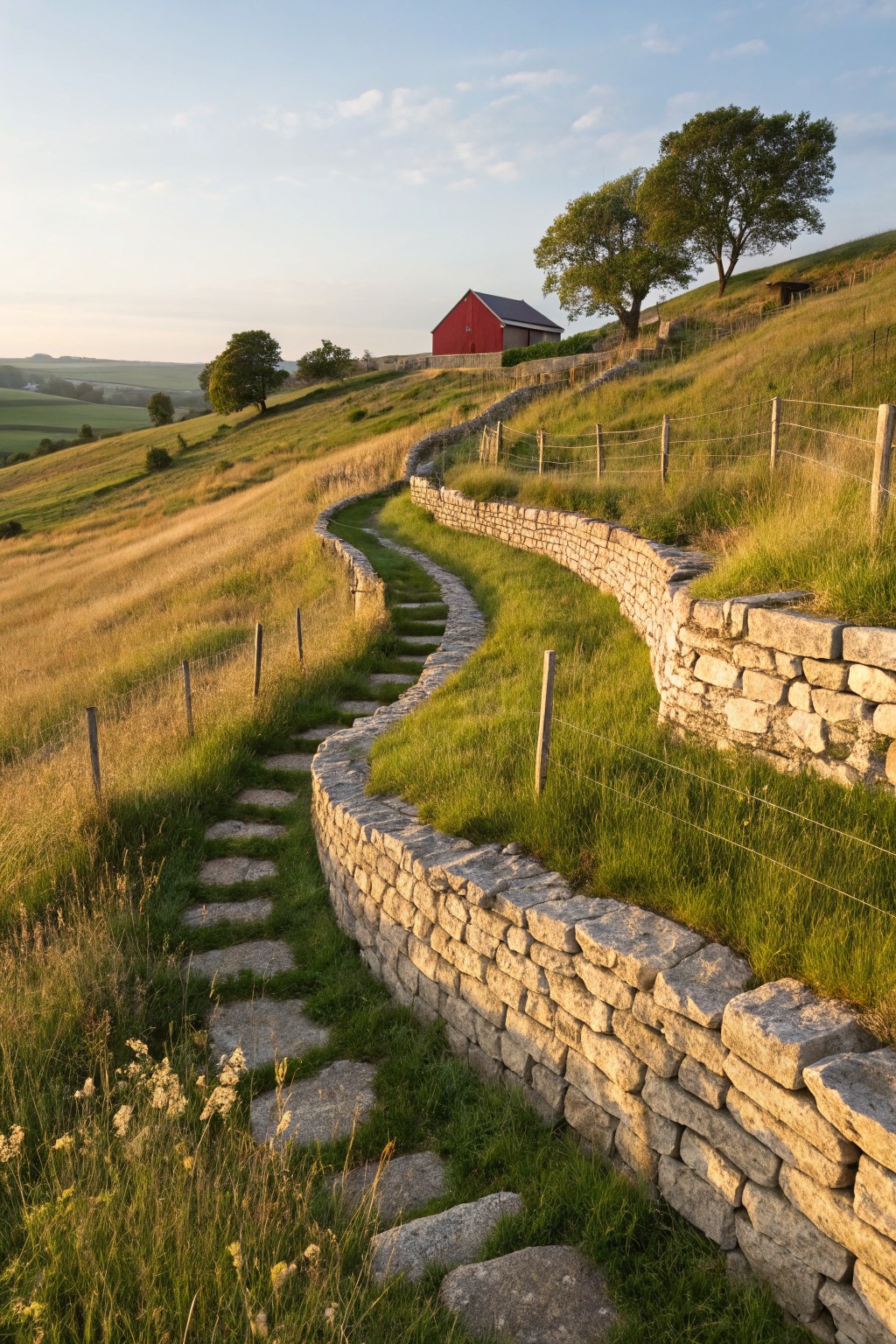 Winding flagstone path edged by curving dry-stacked limestone retaining walls on grassy hillside with distant red barn and fields at golden hour.