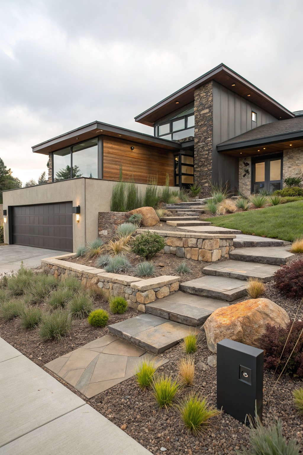 Modern gray house on a hillside with dry-stacked rock retaining walls, flagstone steps, large boulders, and drought-tolerant grasses leading from the driveway to the entrance.