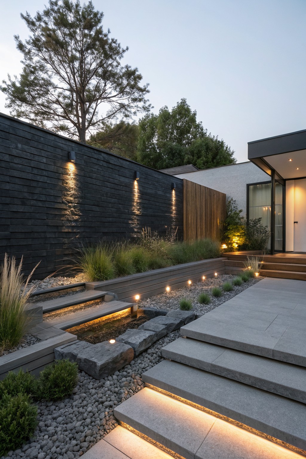 Modern house entryway at dusk with black slate retaining wall, lit concrete steps flanked by stone blocks, gravel beds, and ornamental grasses.