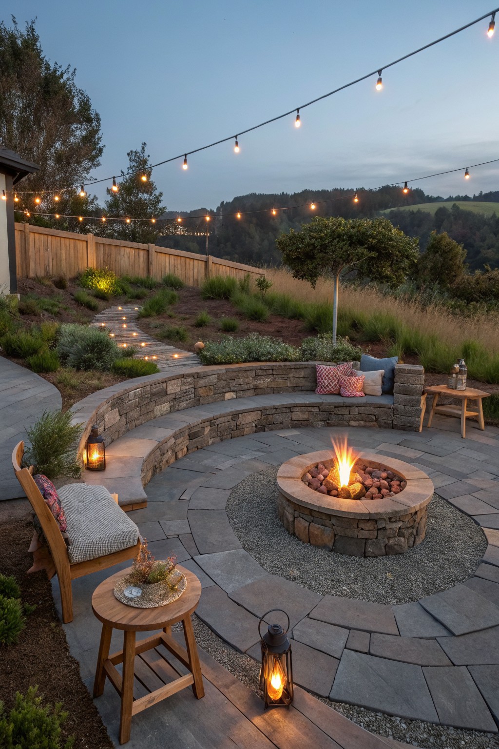 Curved low stone retaining wall with built-in bench seating encircling a central rock fire pit on a flagstone patio, wooden chairs and lanterns nearby, string lights overhead, and a lit path on a grassy hillside at dusk.