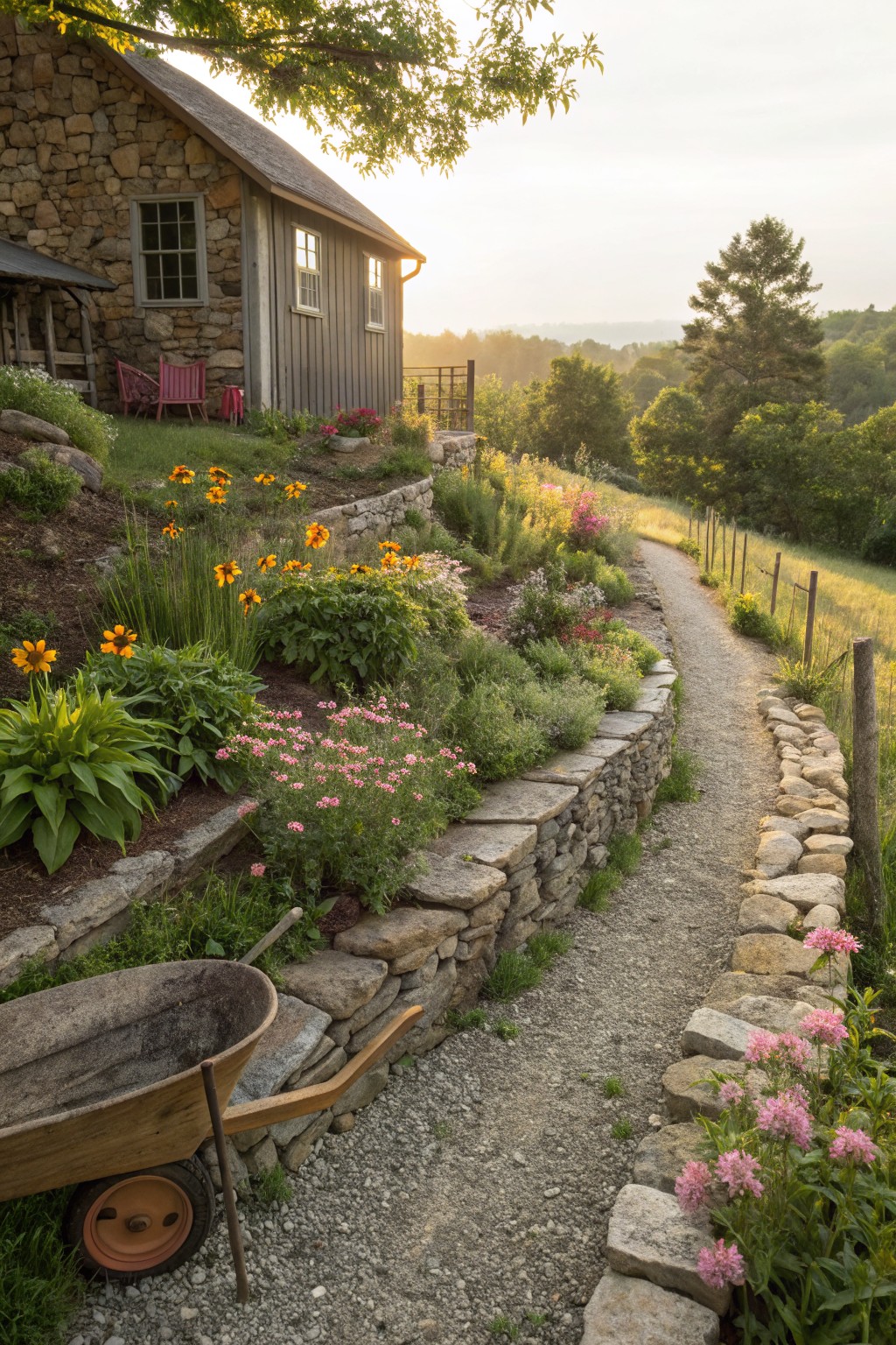 A fieldstone cabin on a hillside with dry-stacked rock retaining walls forming terraced flower beds filled with orange black-eyed Susans, pink flowers, and hostas, alongside a gravel path and wheelbarrow at the base.