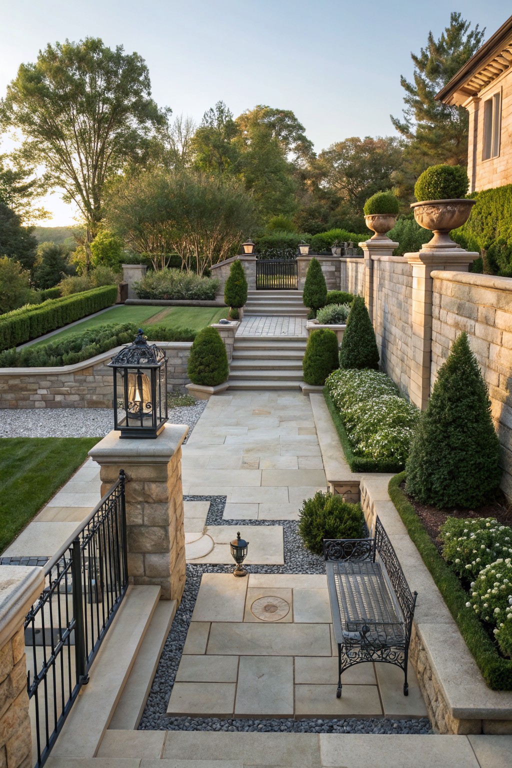 Terraced stone retaining walls with steps, gravel paths, wrought iron lanterns on pillars, boxwood shrubs, and a bench in a sloped garden leading to a house.
