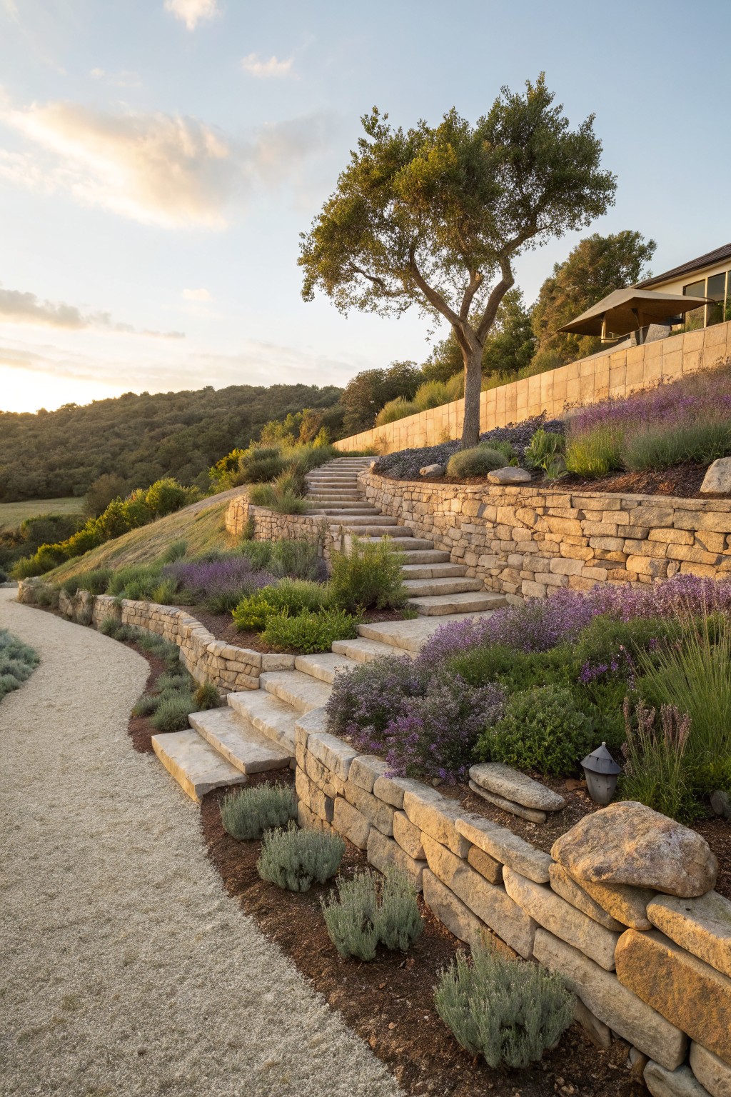 Dry-stacked stone retaining walls with integrated wide stone steps on a terraced hillside, planted with lavender, grasses, and shrubs, alongside a gravel path and a large oak tree under a sunset sky.