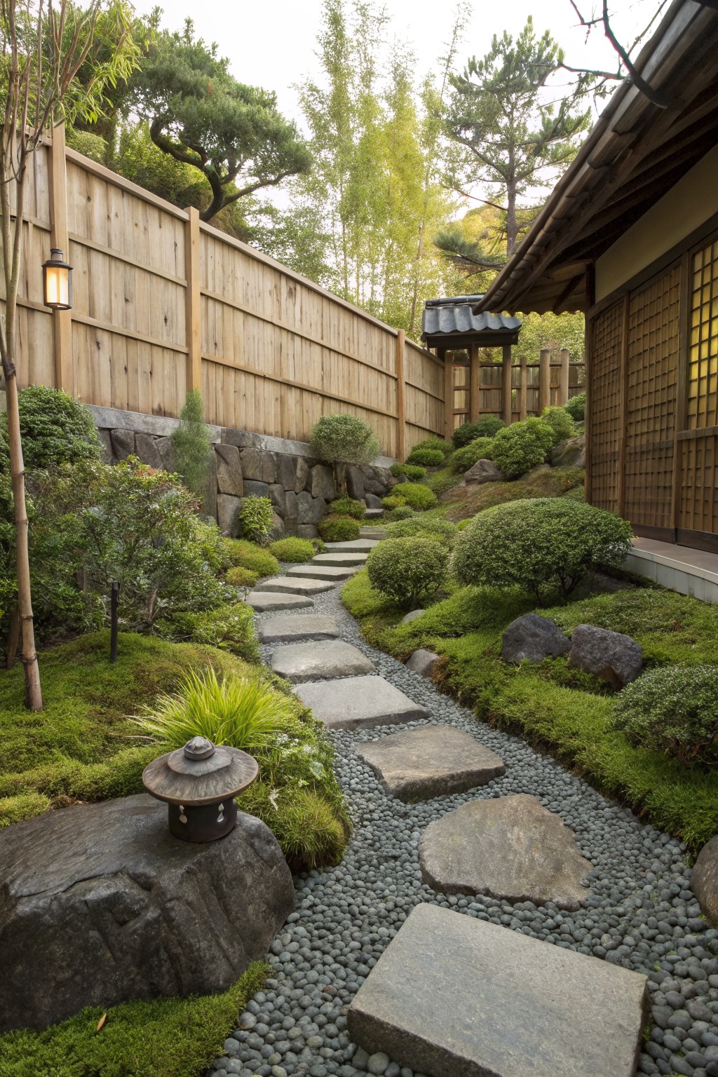 Winding irregular stone path through moss-covered ground with gravel, boulders, shrubs, bamboo lanterns, and tiered rock retaining walls beside a wooden fence and traditional Japanese house.