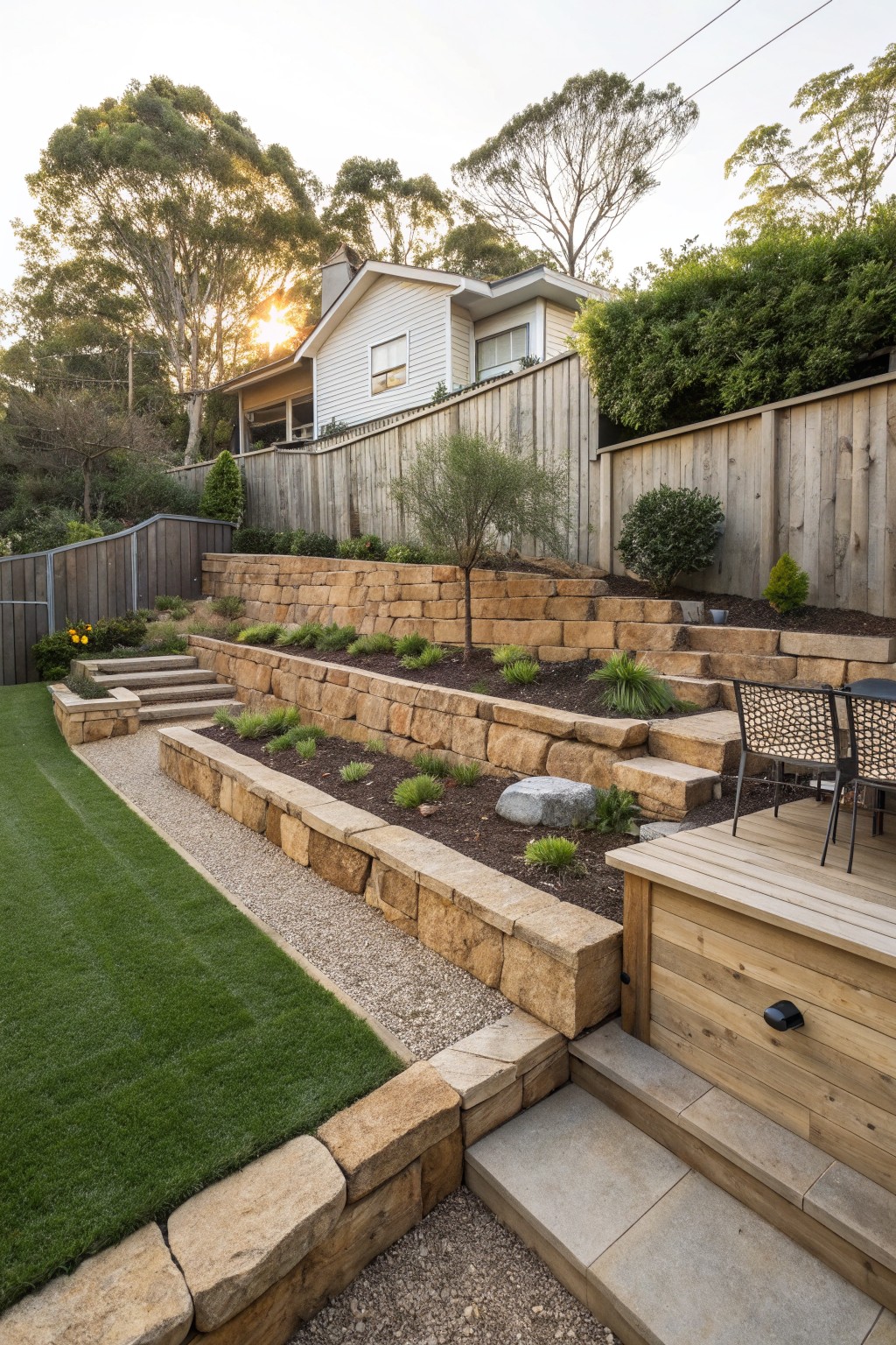Sloped backyard with multi-tiered sandstone retaining walls forming planted beds and steps, gravel path next to lawn, wooden deck with chairs, and house in background.