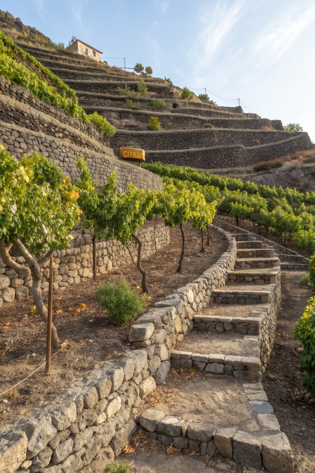 Stone retaining walls forming terraces on a hillside vineyard with grapevines, curved stone steps, and a distant building under a partly cloudy sky.