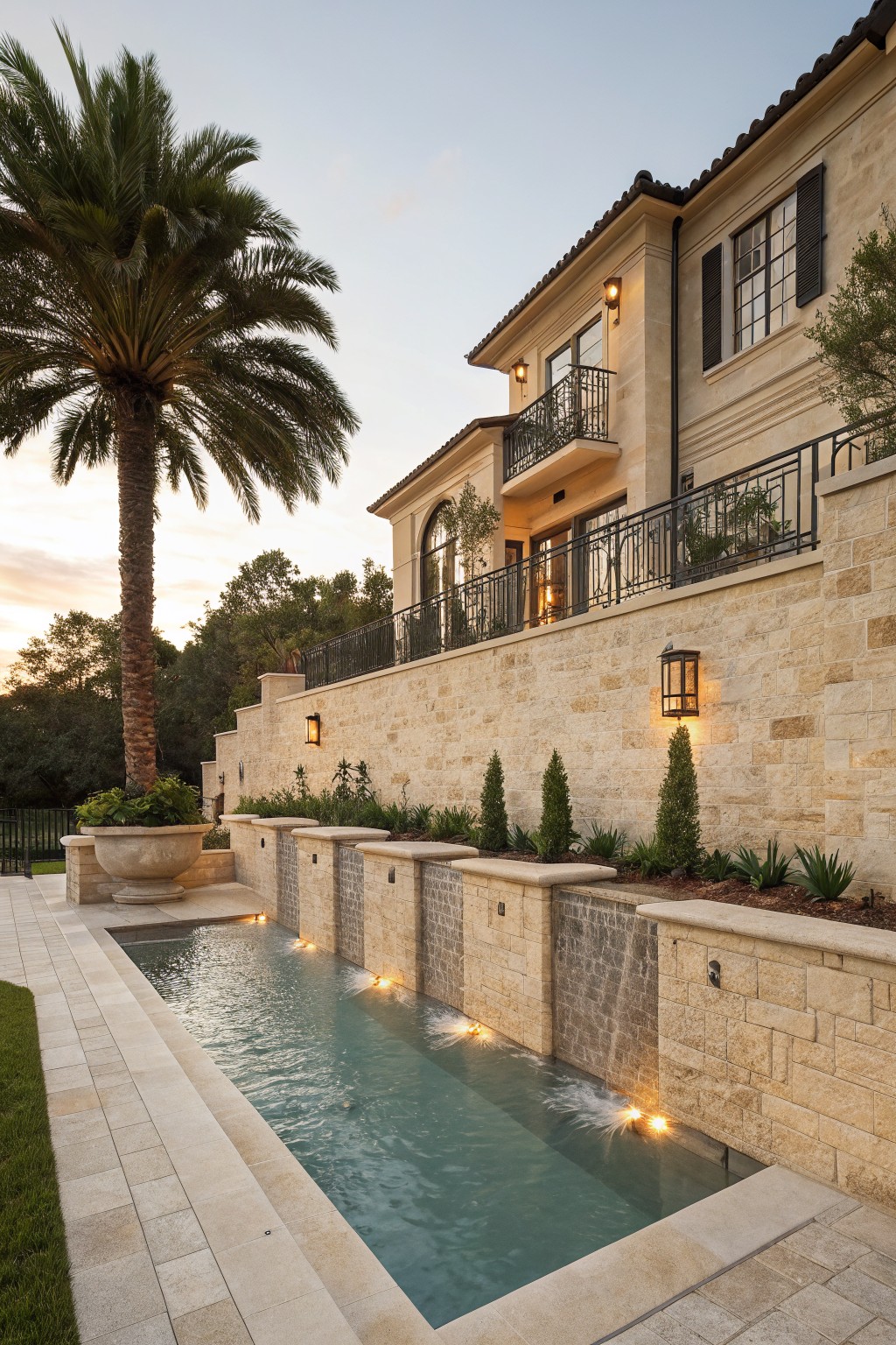 Beige stone retaining walls terraced down a slope with waterfalls flowing into a rectangular turquoise pool at the base, adjacent to a Mediterranean-style house with palm trees and landscaping at dusk.