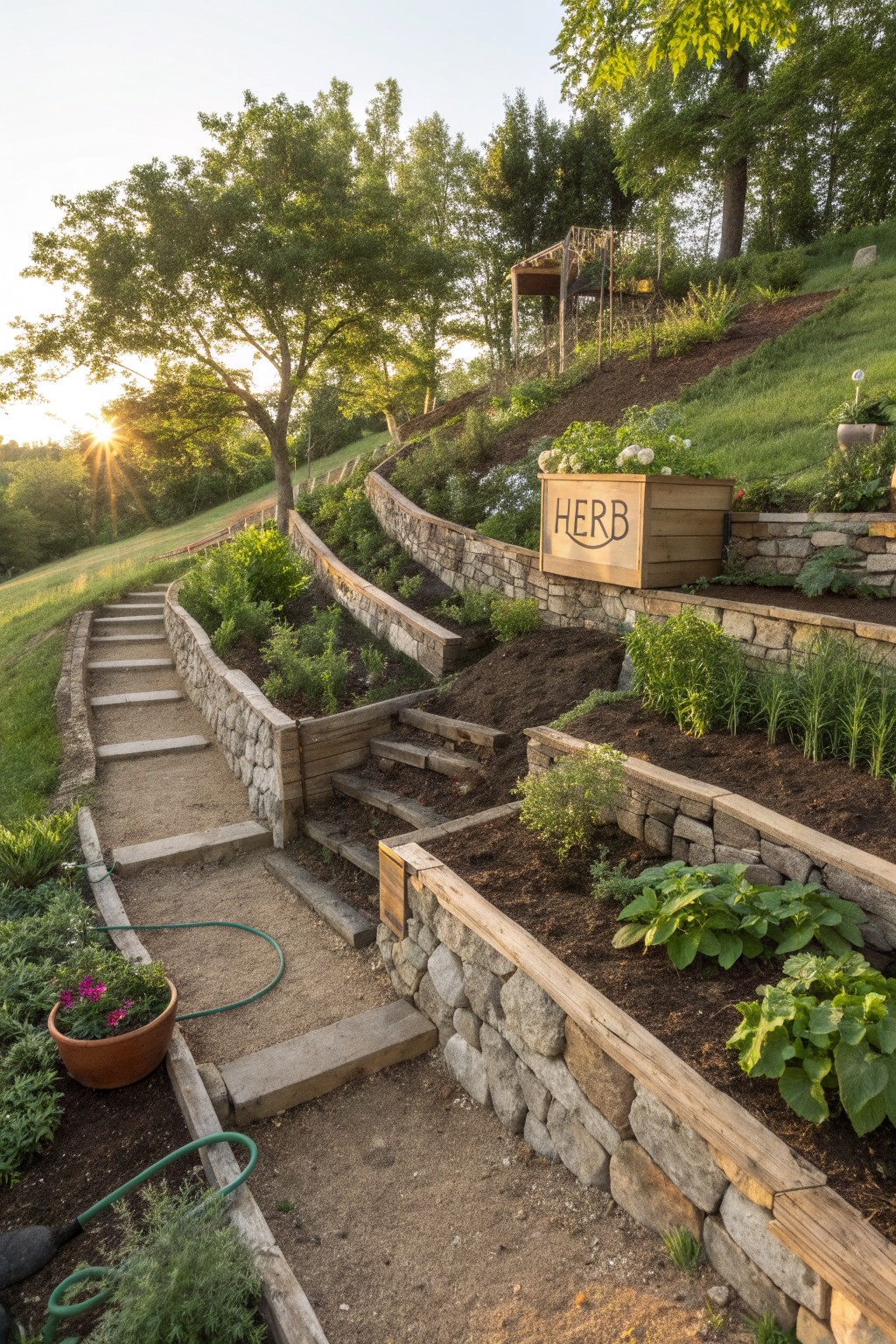Tiered Stone Retaining Walls for Hillside Gardens