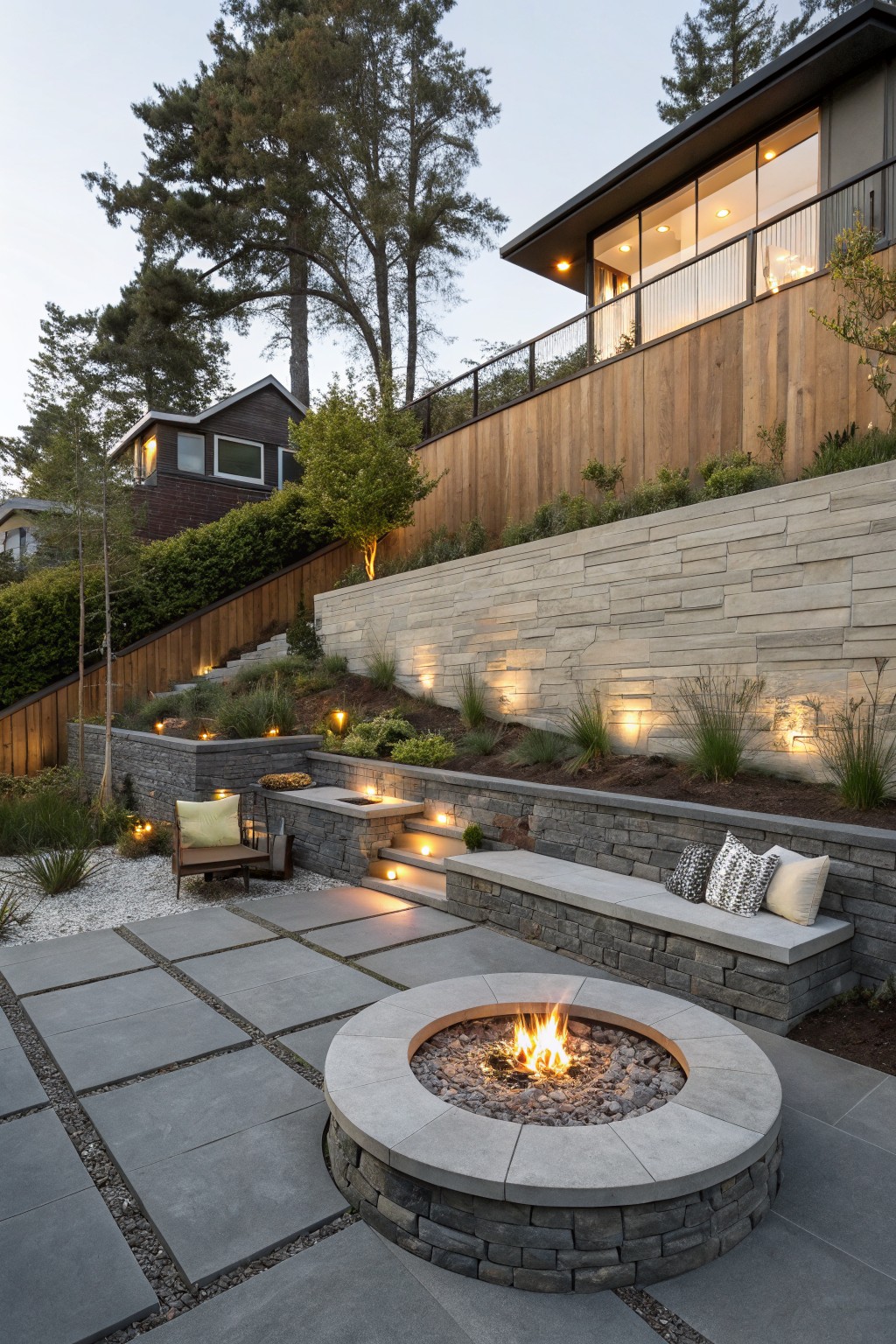 Sloped backyard with tiered gray stone retaining walls, integrated steps, low plants and grasses, paver patio with circular gas fire pit, bench seating, and modern house on hill above.