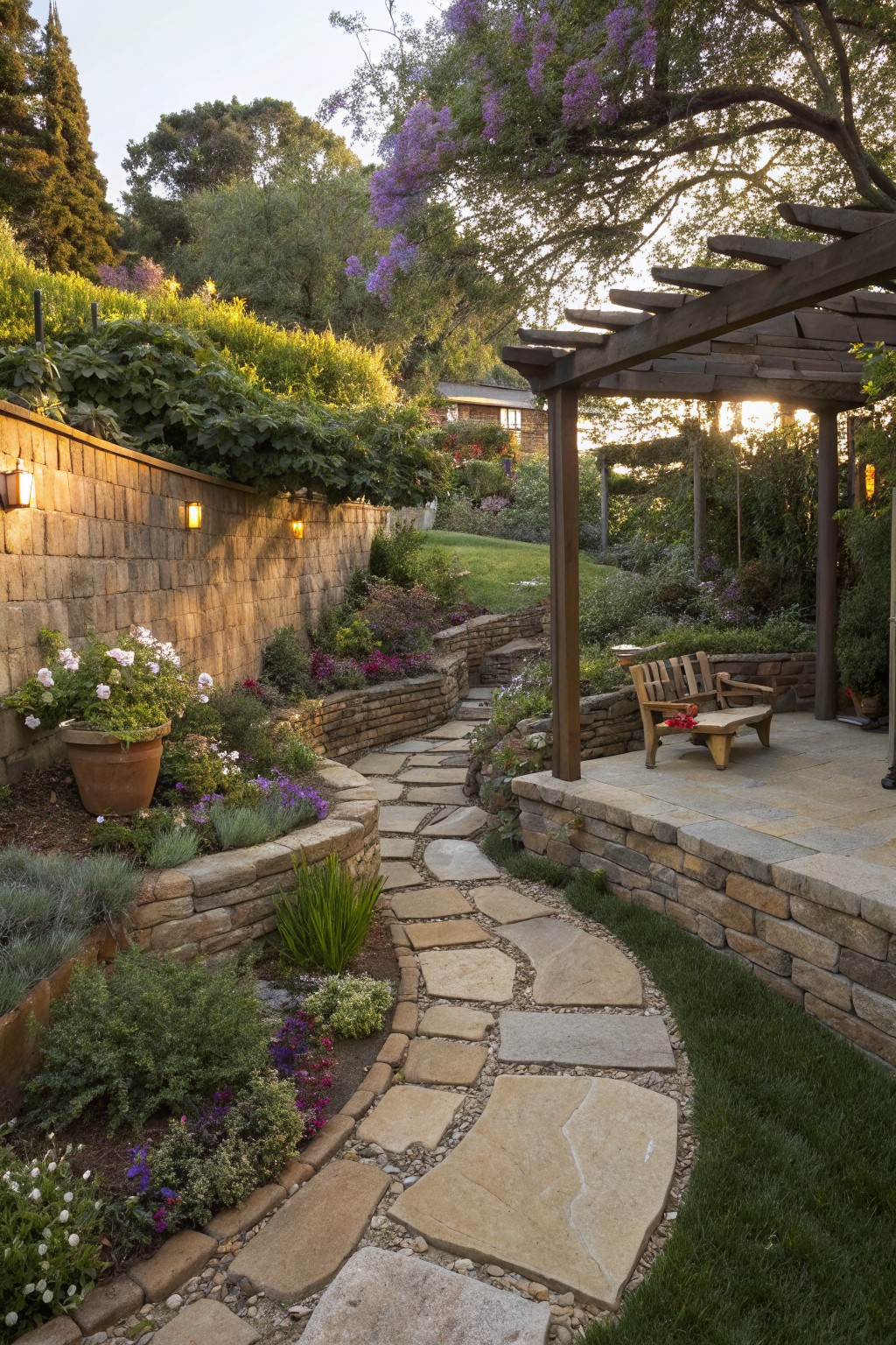 Winding stone path curving along tiered natural stone retaining walls planted with flowers, shrubs, and grasses on a sloped garden hillside, with a wooden pergola, bench, and potted plants nearby.