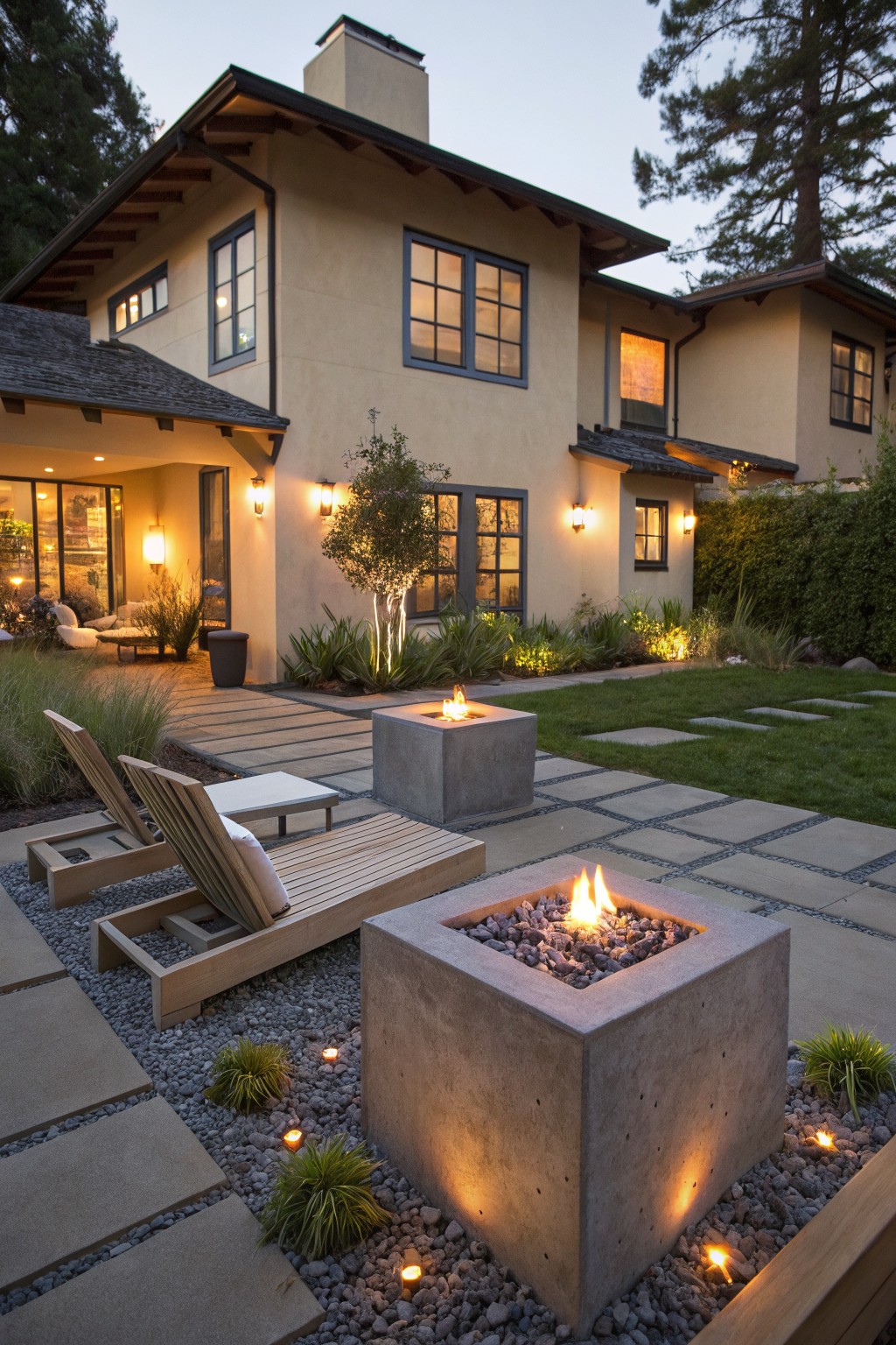 Side view of a beige modern house with backyard patio of gray concrete pavers, two square lit concrete fire pits, two lounge chairs, low grasses, and small pathway lights.