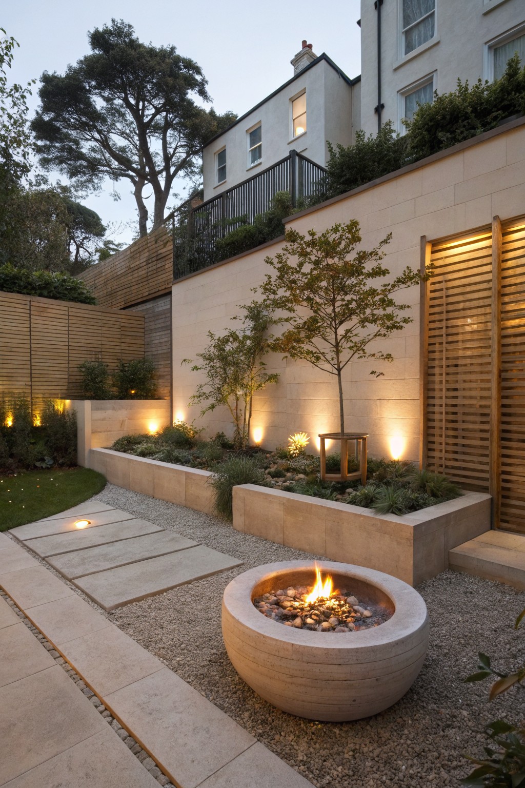 Backyard gravel patio with a circular stone bowl gas fire pit at the center, flanked by stone pathways, raised planters with small trees and greenery, and soft pathway lighting against a light stone wall and house exterior.