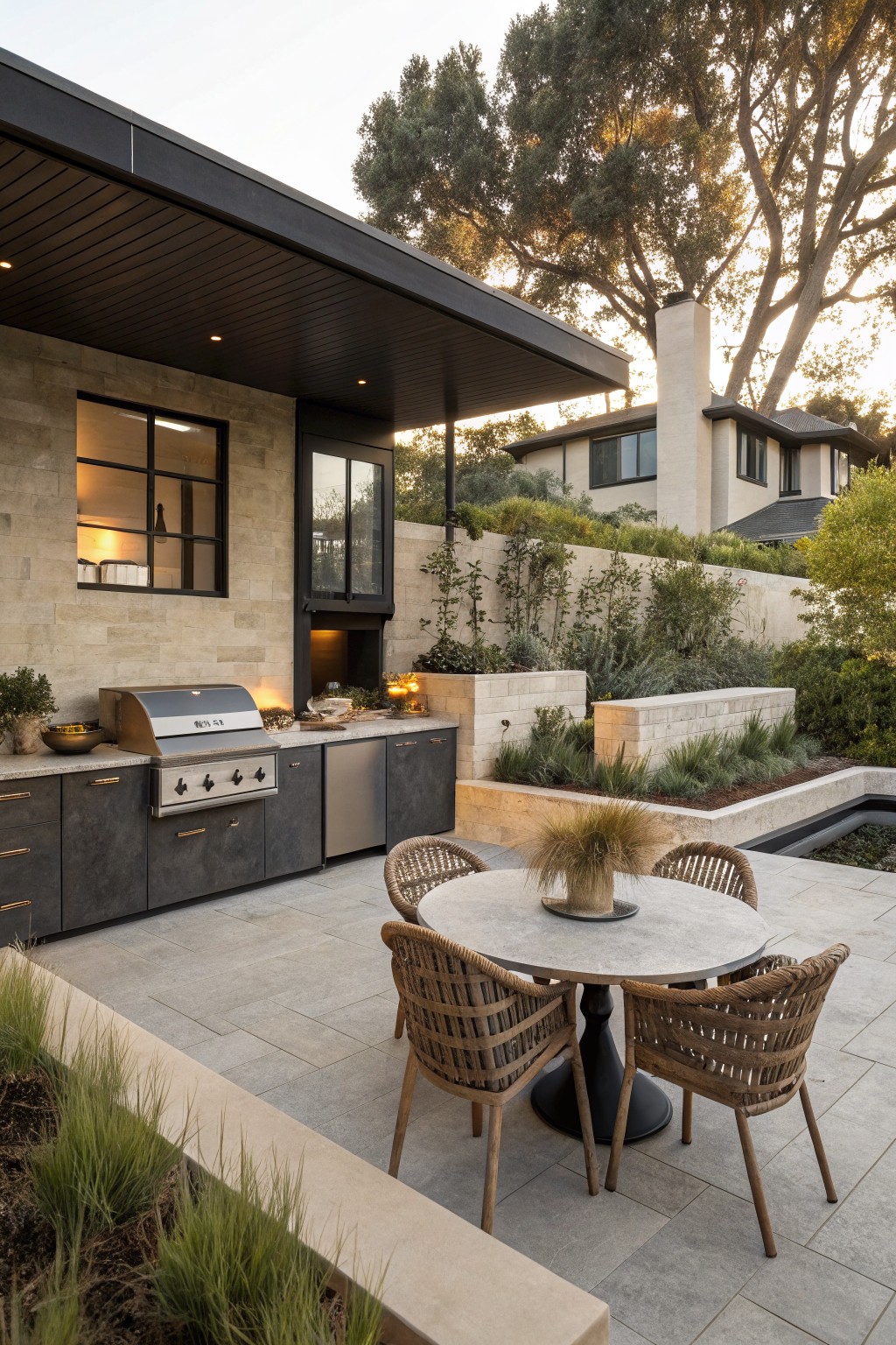 Modern backyard patio with black cabinets housing a stainless steel grill, a round woven table with four chairs, stone retaining walls planted with grasses, and a cantilevered dark roof overhead next to a house with large windows.
