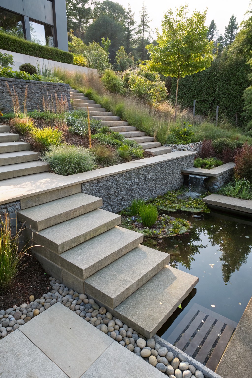 Wide concrete steps descend through grassy plantings and stone walls in a sloped modern backyard garden to a small pond with lily pads and a wooden grate.