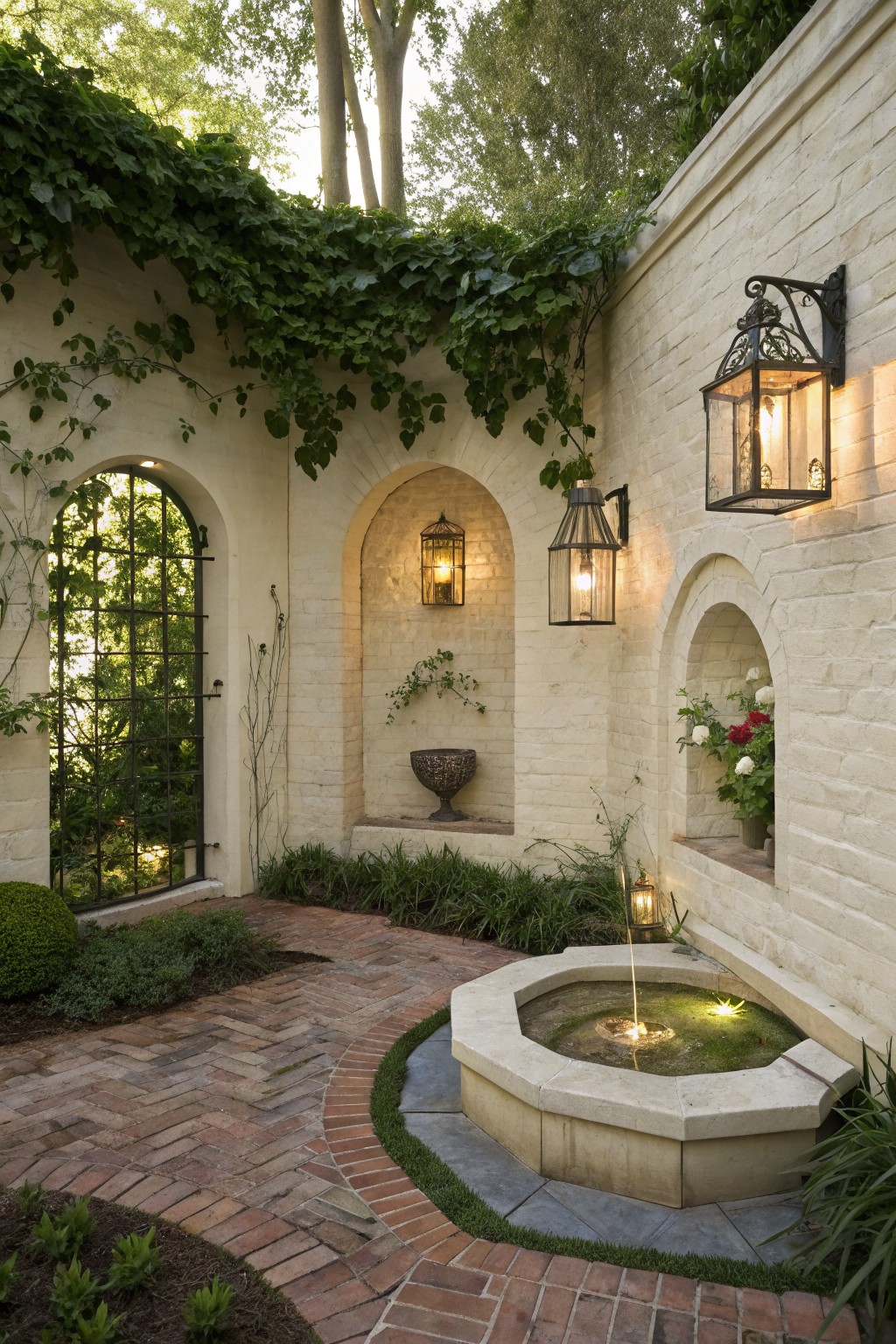 Enclosed backyard courtyard of white brick walls draped in ivy, with arched niches holding lanterns and plants, a central octagonal stone fountain on a brick path, wrought-iron gate, and surrounding greenery.