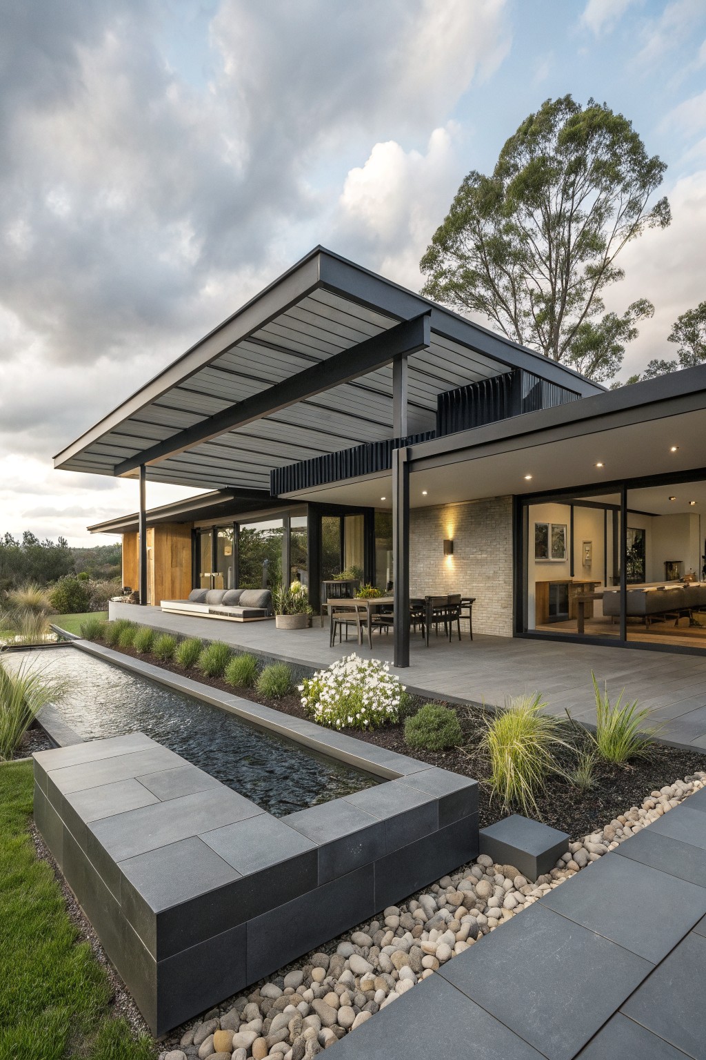 Modern house exterior with flat black metal overhanging roof supported by slim columns over a stone patio, adjacent rectangular water feature edged in stone, low plantings, pathway, and glass interior walls.