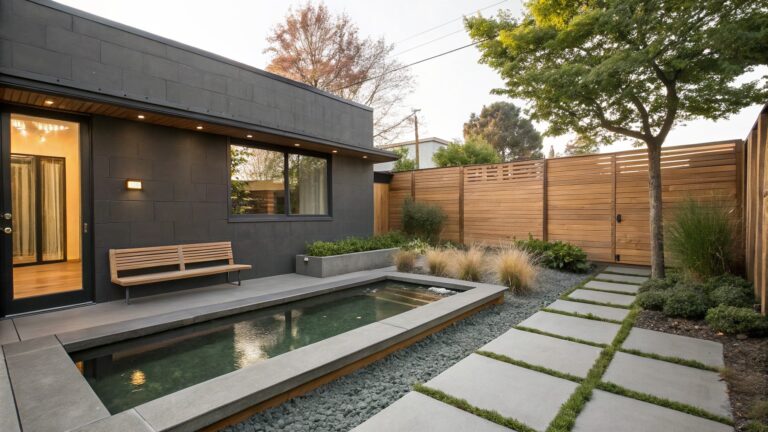 Modern house with dark exterior and large glass doors overlooking a narrow rectangular pool edged in stone and gravel, with gray stepping stones spanning the water, ornamental grasses, and a wooden lounge chair at one end.