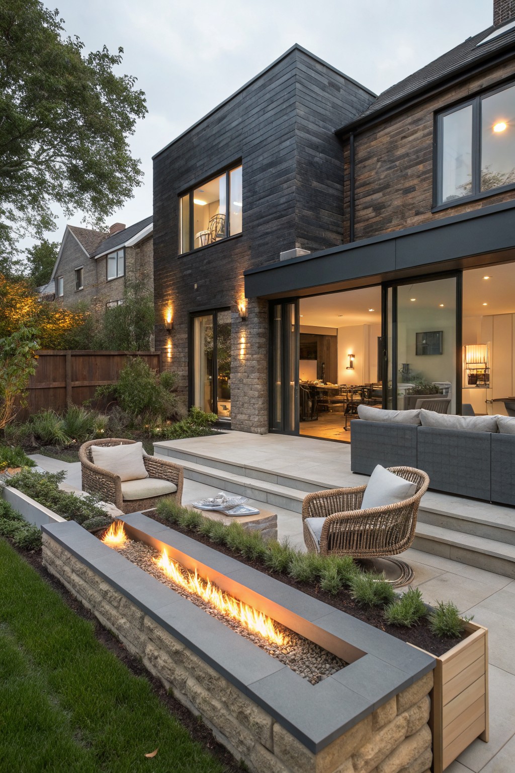 Linear Fire Pit in a Raised Planter