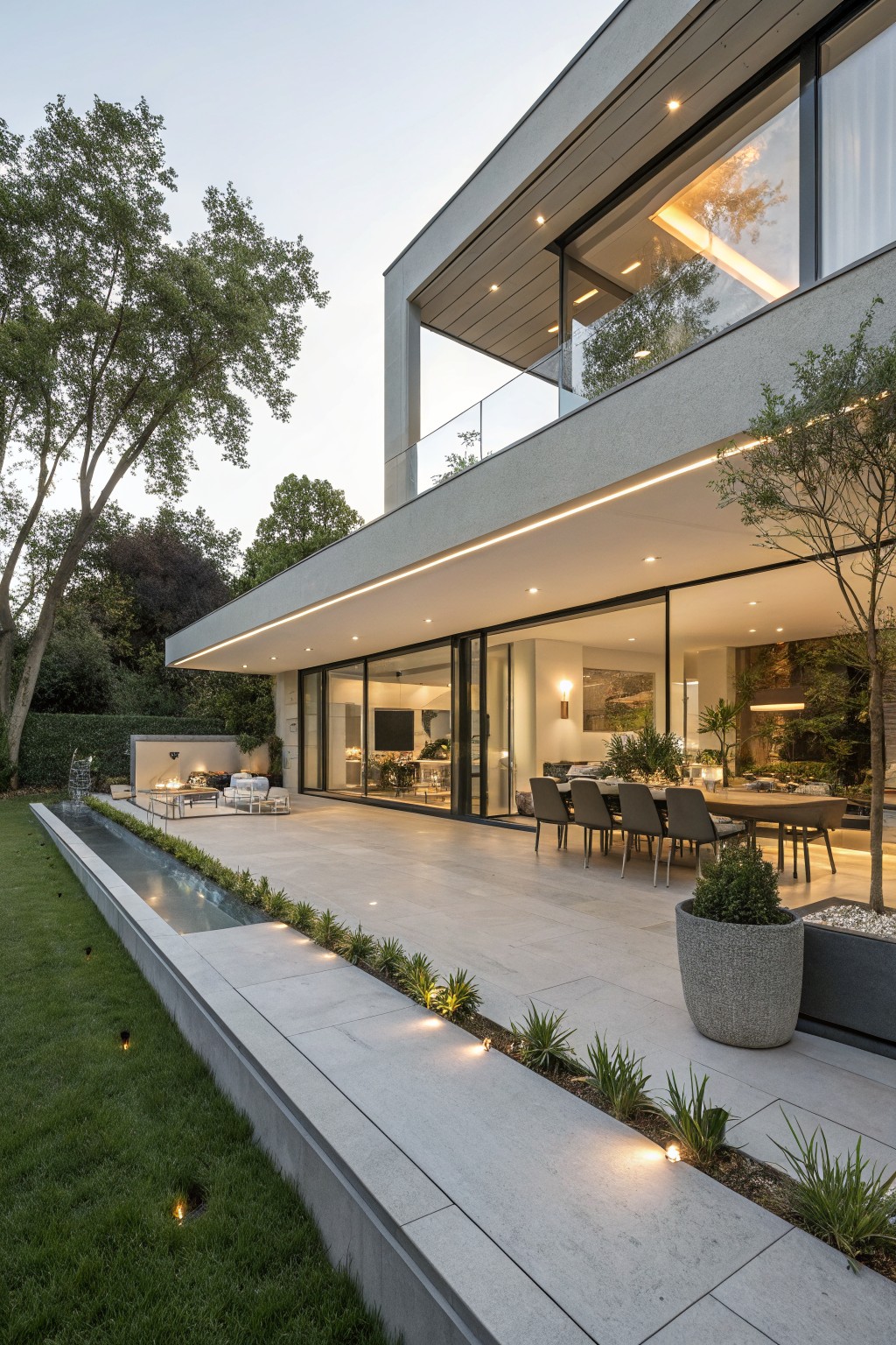 Modern house exterior with large glass walls opening to a light stone terrace that includes a linear water channel along the edge, an outdoor dining table with chairs, potted plants, and a green lawn with trees.