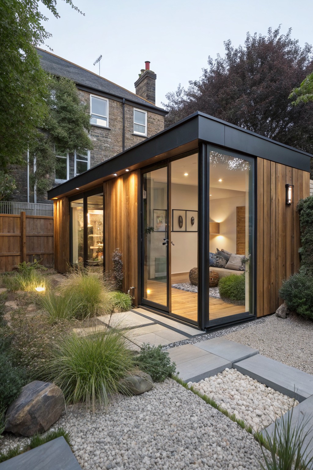 A modern rectangular garden room with cedar wood cladding, black metal frames, and large glass walls and doors, positioned in a backyard landscaped with grasses, rocks, pebbles, and a stone step path.
