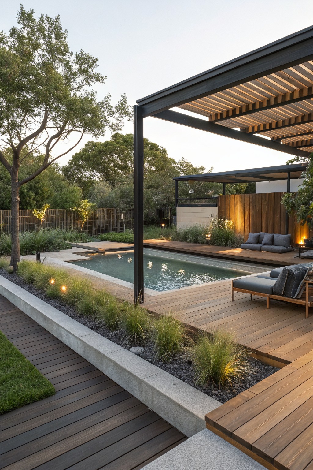 Backyard infinity-edge pool with raised wooden deck under black steel pergola with slatted roof, surrounded by tall ornamental grasses, lounge chairs, and trees.