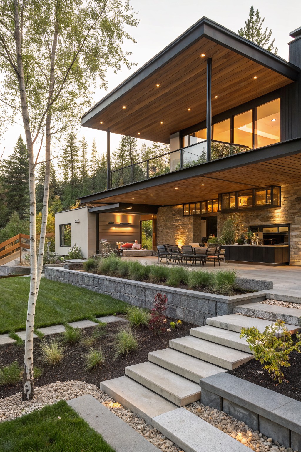 Modern house exterior with cantilevered upper deck having wood soffit and glass railing above a lower stone patio with seating, grill, and plants, connected by concrete steps and retaining wall, birch trees and evergreens in background.