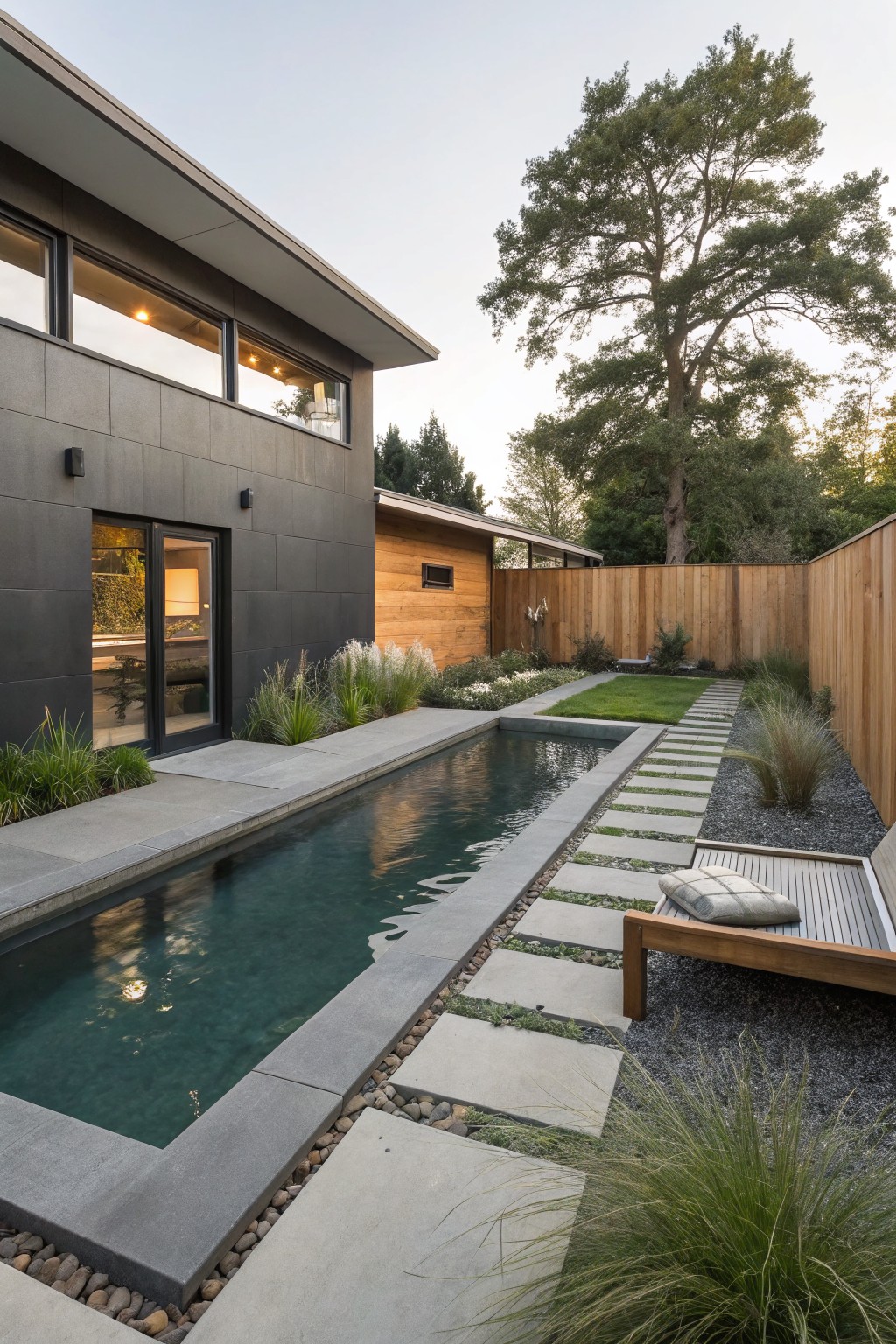 Modern house with dark exterior and large glass doors overlooking a narrow rectangular pool edged in stone and gravel, with gray stepping stones spanning the water, ornamental grasses, and a wooden lounge chair at one end.