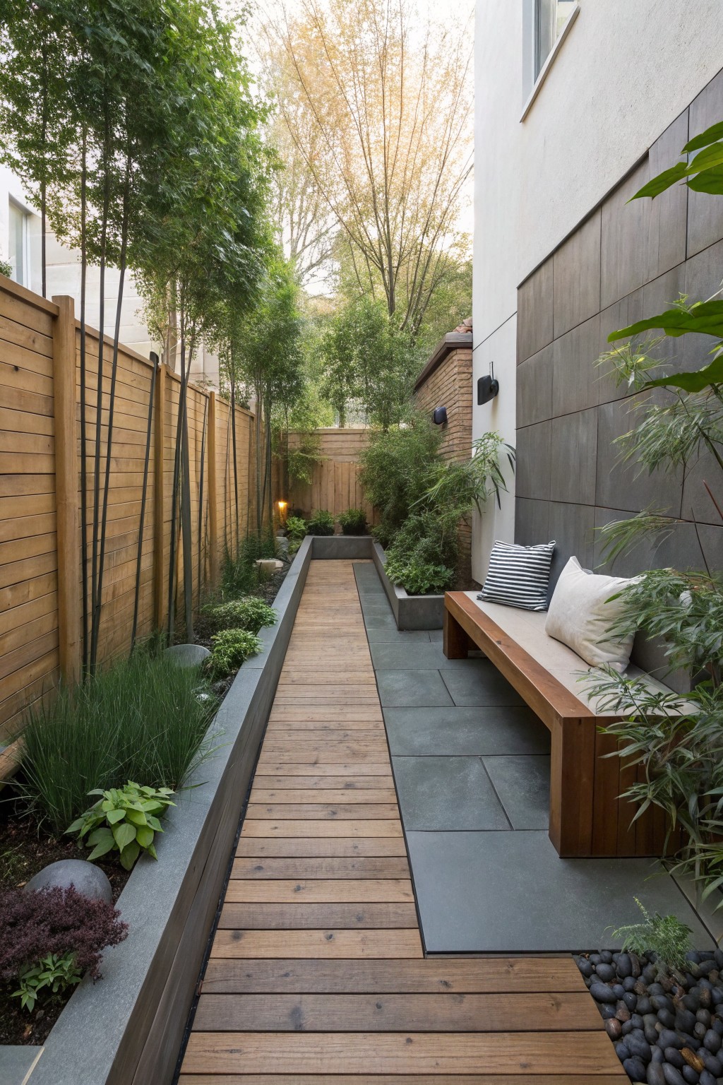Narrow backyard pathway of light wooden planks flanked by bamboo fencing on one side and dark stone retaining walls with grasses, shrubs, and round stones on the other, with a wooden bench against the stone wall.