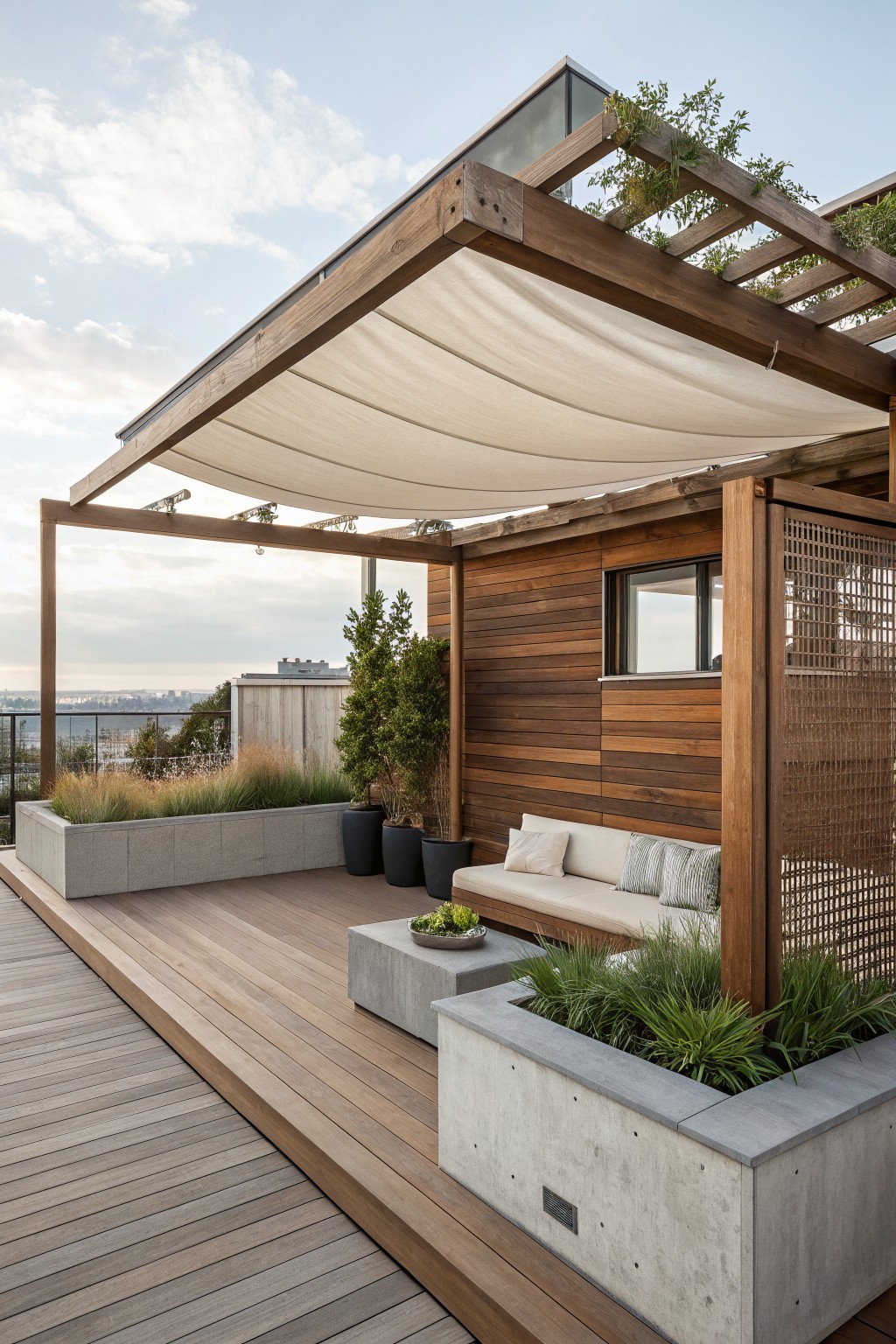 Rooftop deck with wooden pergola draped in white fabric over a latticed wood seating area, concrete planters with grasses, and wooden decking.