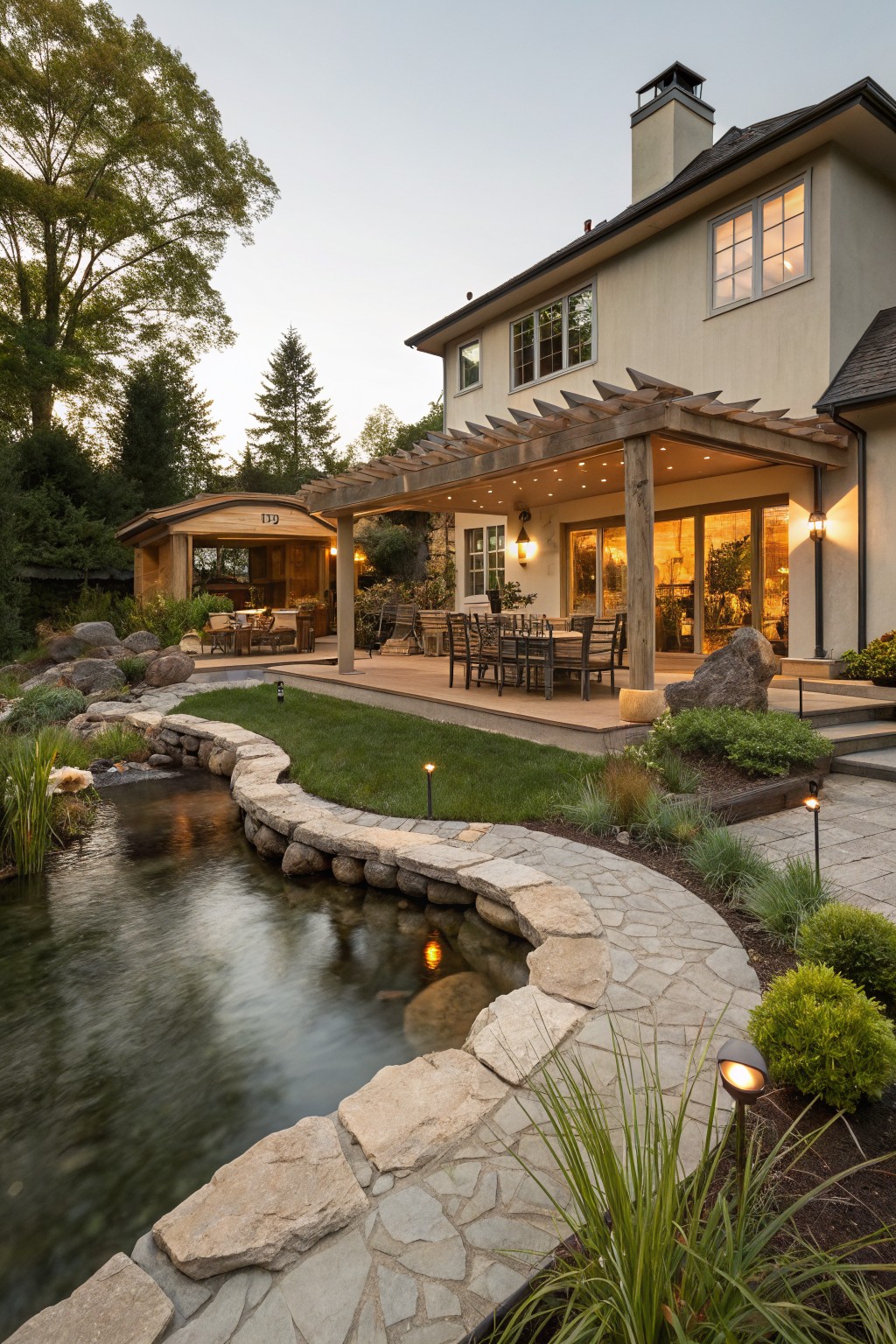 Beige modern house with backyard showing covered pergola patio, stone dining area, curving flagstone path around rock-lined pond, landscaped grasses and boulders, and pathway lights.