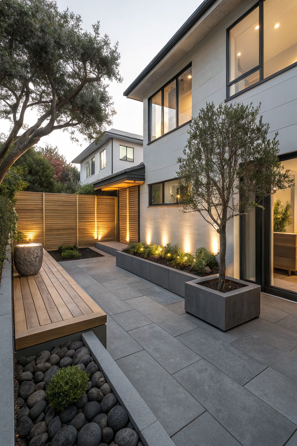 Modern backyard patio area featuring gray tile pavers, a wooden bench platform, raised concrete planters with ornamental grasses, two olive trees, river rock borders, slatted wood fencing, and dusk lighting along paths and plants.