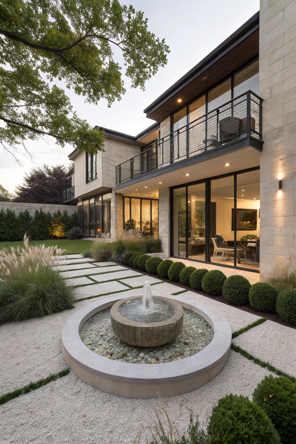 Modern beige stone house with black metal balcony railing and large glass doors facing a backyard of gravel hardscape, circular stone fountain with water jet, paver stepping stones, tall ornamental grasses, and round boxwood shrubs.