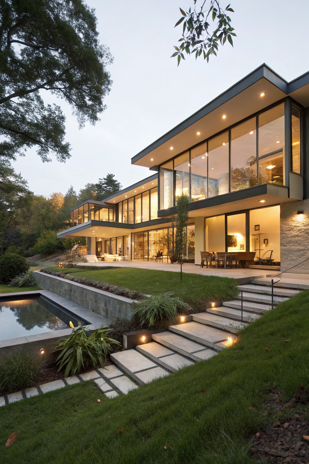 Modern house on a wooded slope with large glass walls and decks, rectangular pool at base, and wide stone steps terraced up through landscaped grass and plants to the patio.