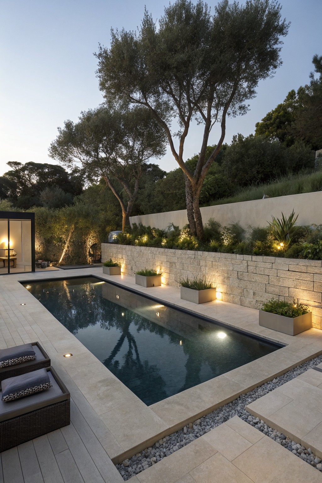Rectangular swimming pool at dusk in a terraced backyard with beige stone retaining walls, olive trees, grasses in raised planters, lounge chairs, and low lighting.