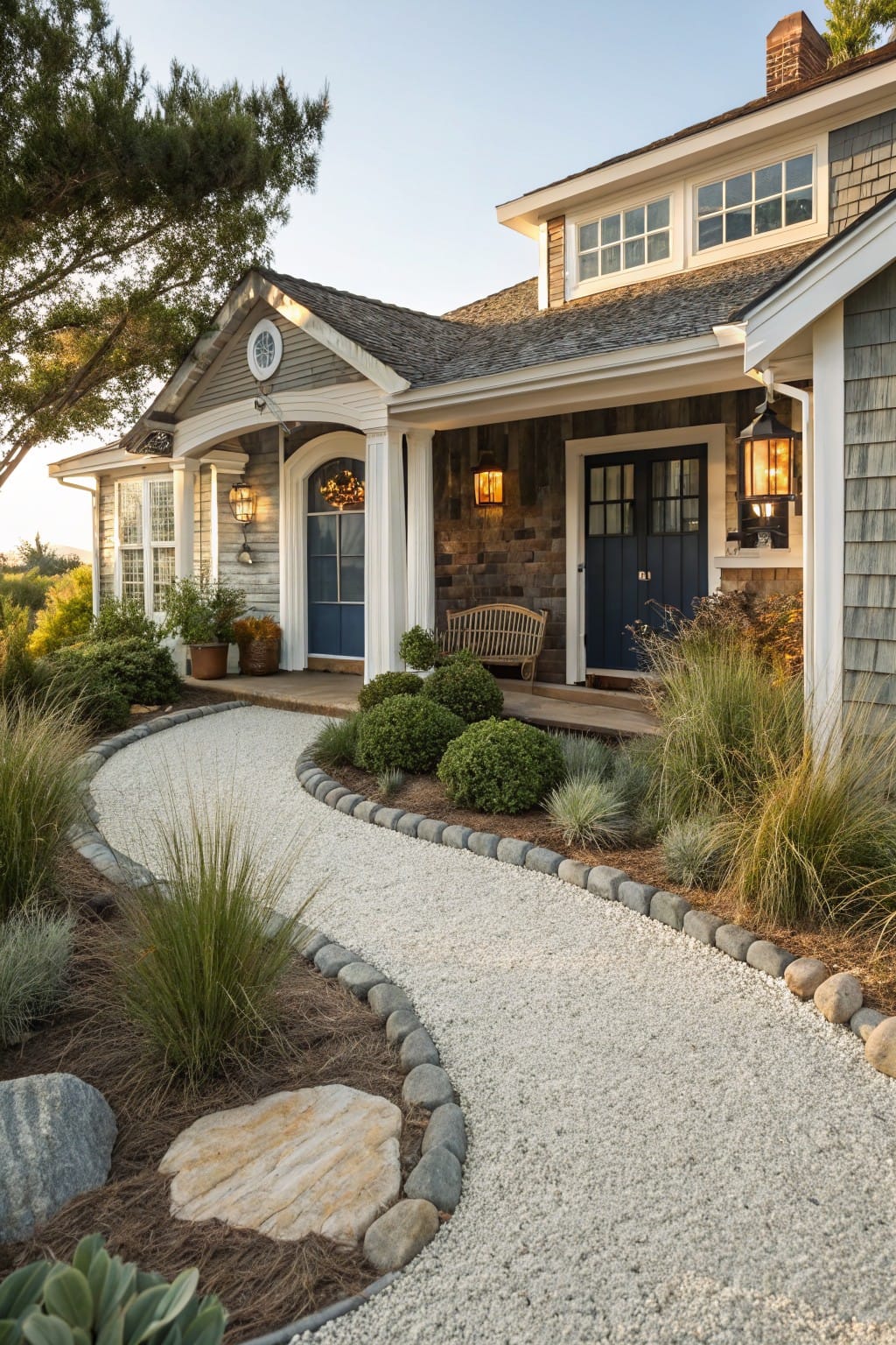 A shingle-style house entrance with a blue door and porch, approached by a curving white gravel path edged with rounded rocks and bordered by low plants and grasses.