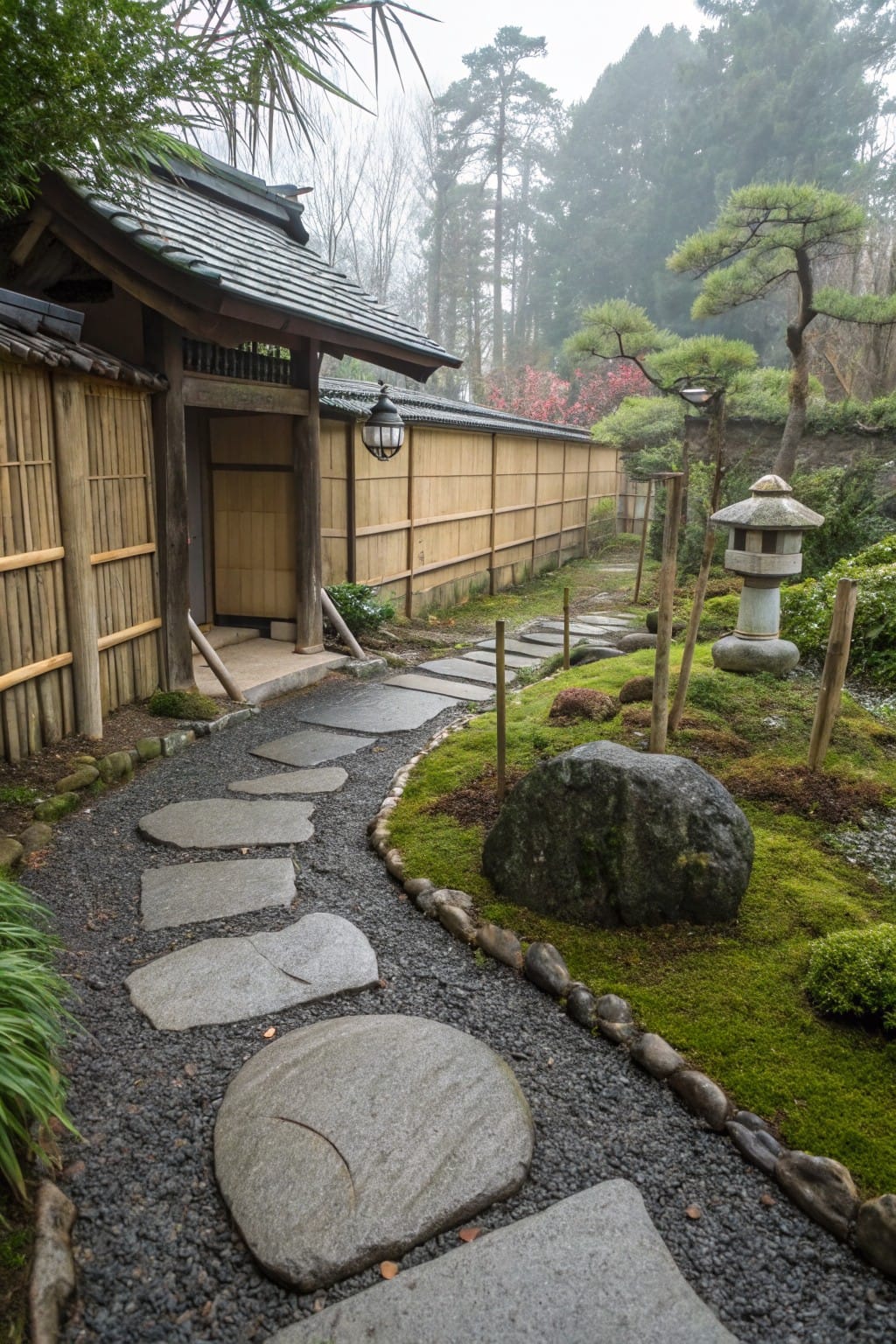 Irregular flat stepping stones set in gravel form a path through a mossy rock garden leading to a wooden Japanese-style house entrance, flanked by bamboo fencing, pine trees, and a stone lantern.
